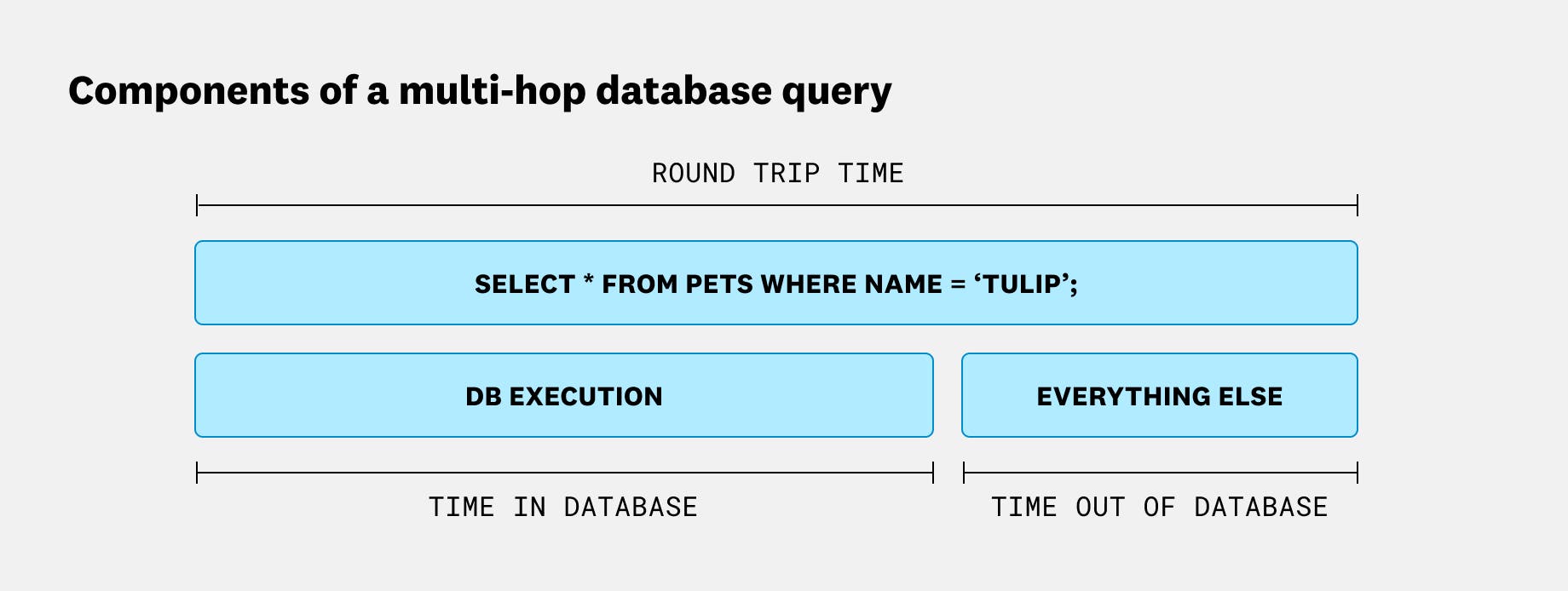 Flame graph view showing the components of a multi-hop database query: round trip time contains DB execution time and everything else, broken into time in database and time out of database. Flame graph view showing the components of a multi-hop database query: round trip time contains DB execution time and everything else, broken into time in database and time out of database.