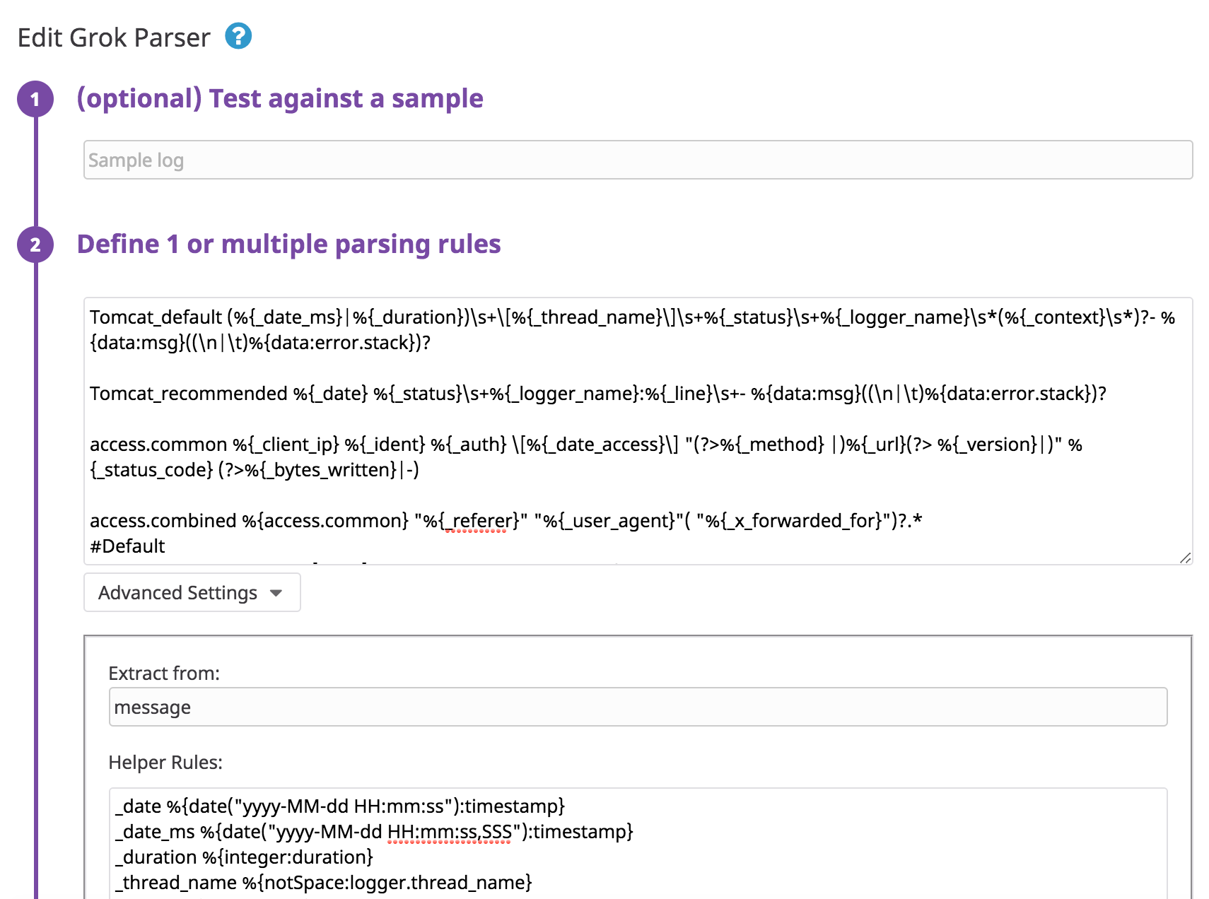 Edit grok parser for Tomcat log format