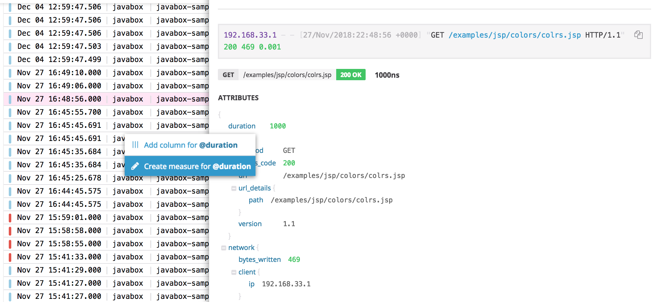 Create a measure from a Tomcat log