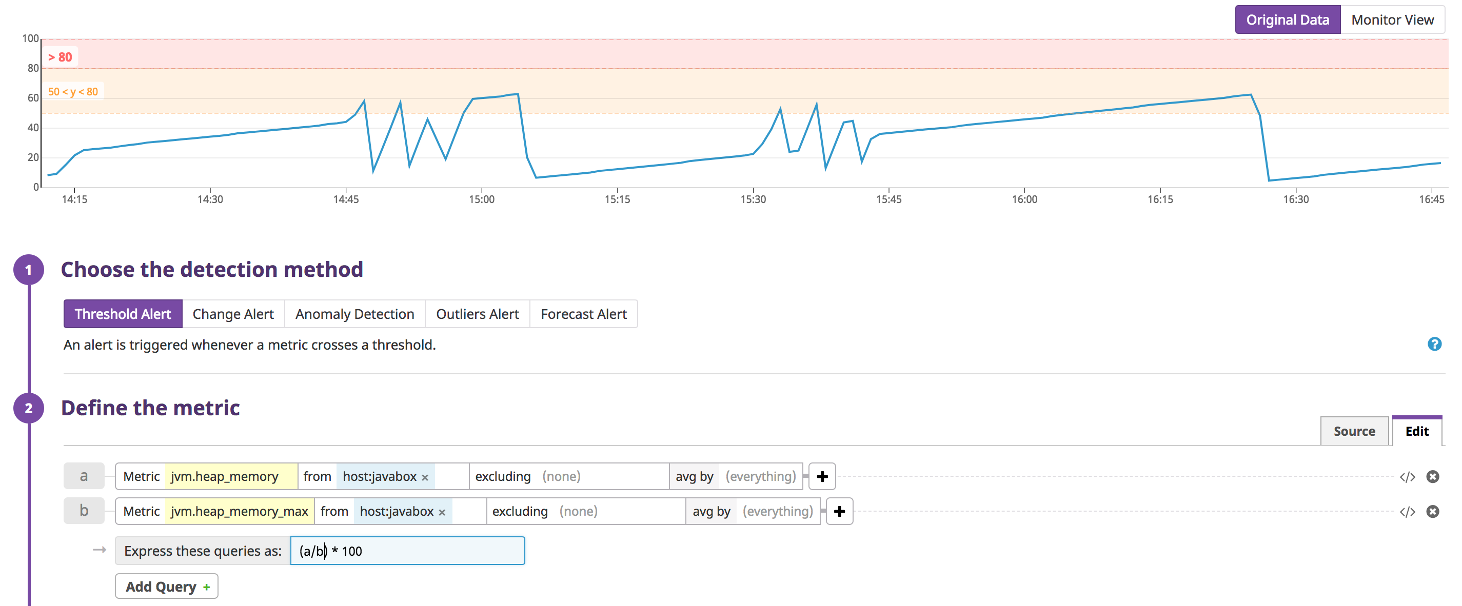 Set an alert for memory usage based on Tomcat metrics