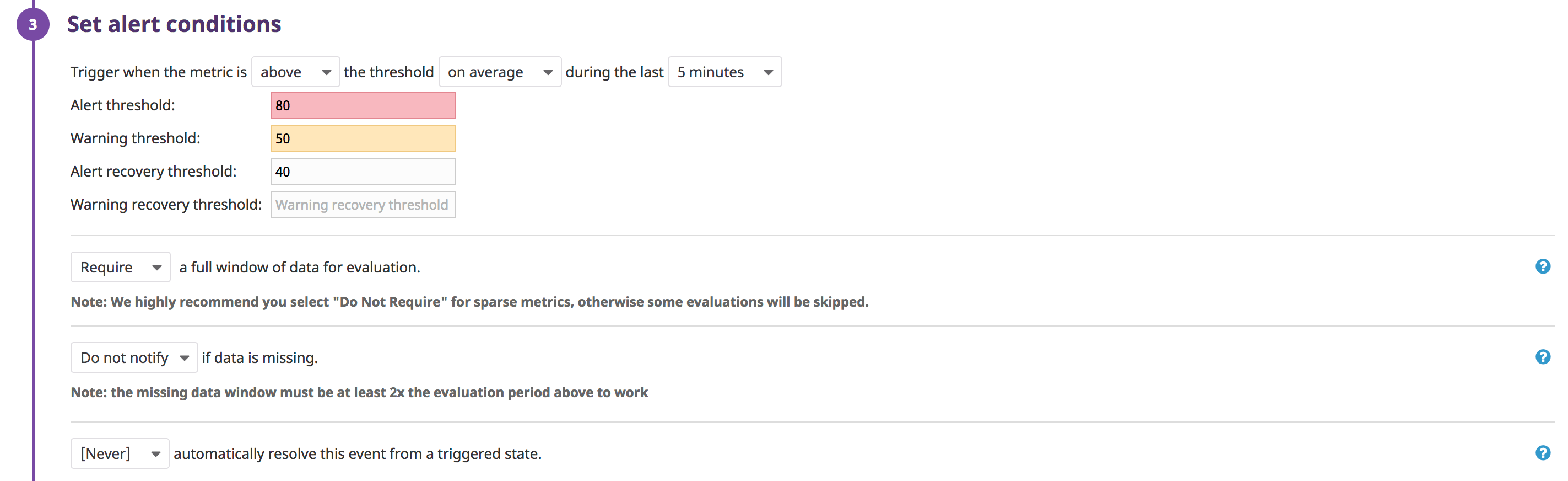 Set conditions for alert based on Tomcat metrics