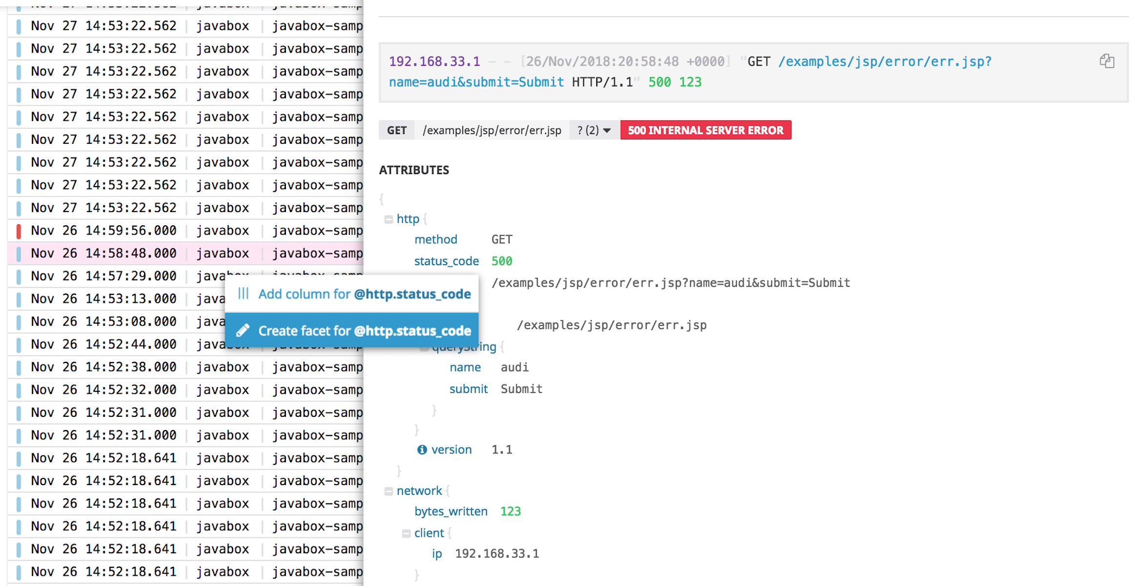 Create facet from Tomcat log