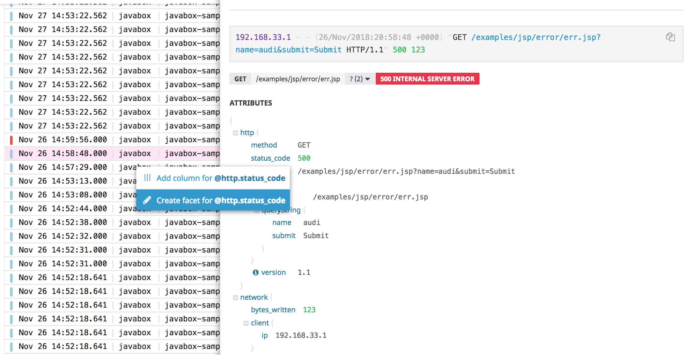 Create facet from Tomcat log Create facet from Tomcat log