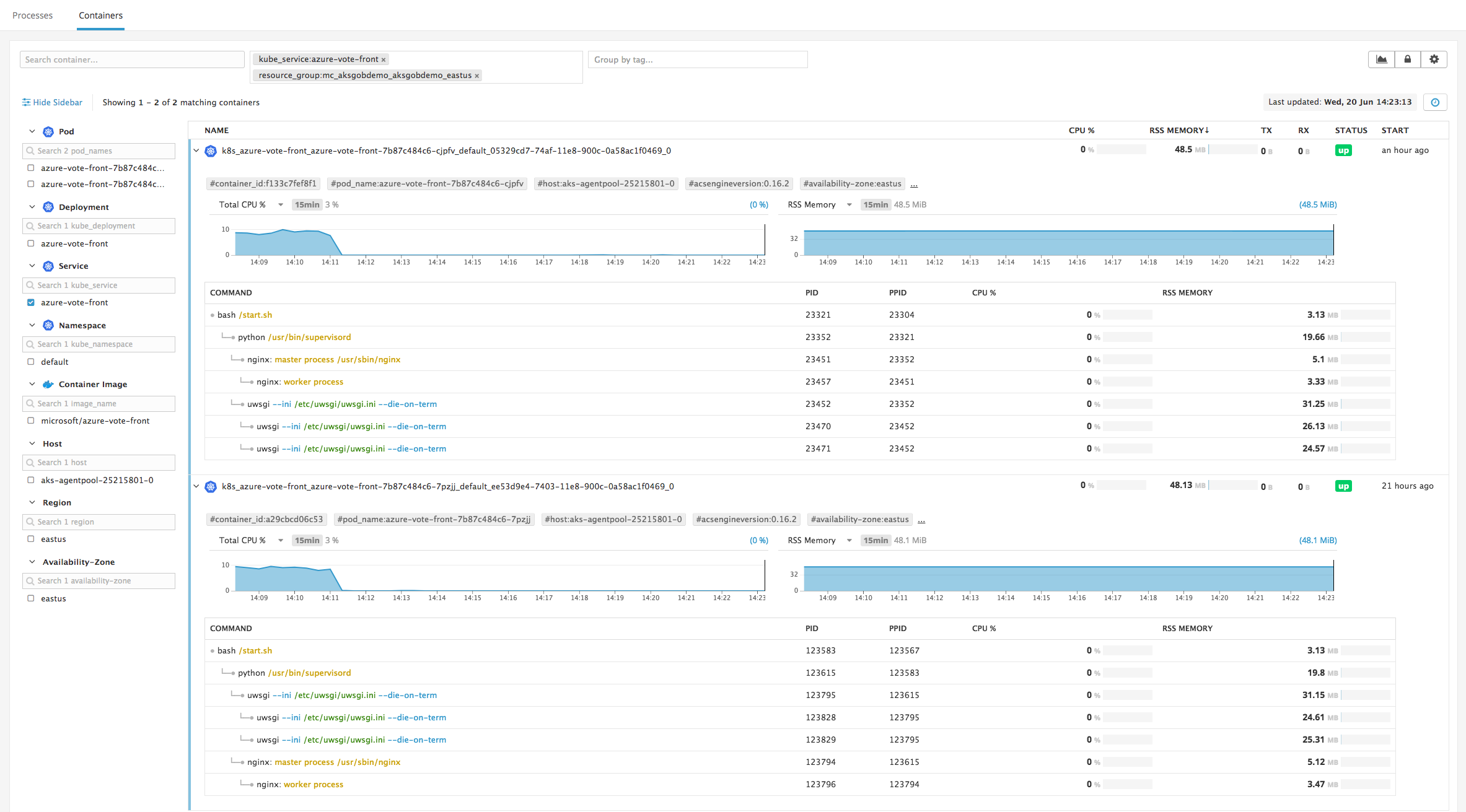Live Container view showing process trees