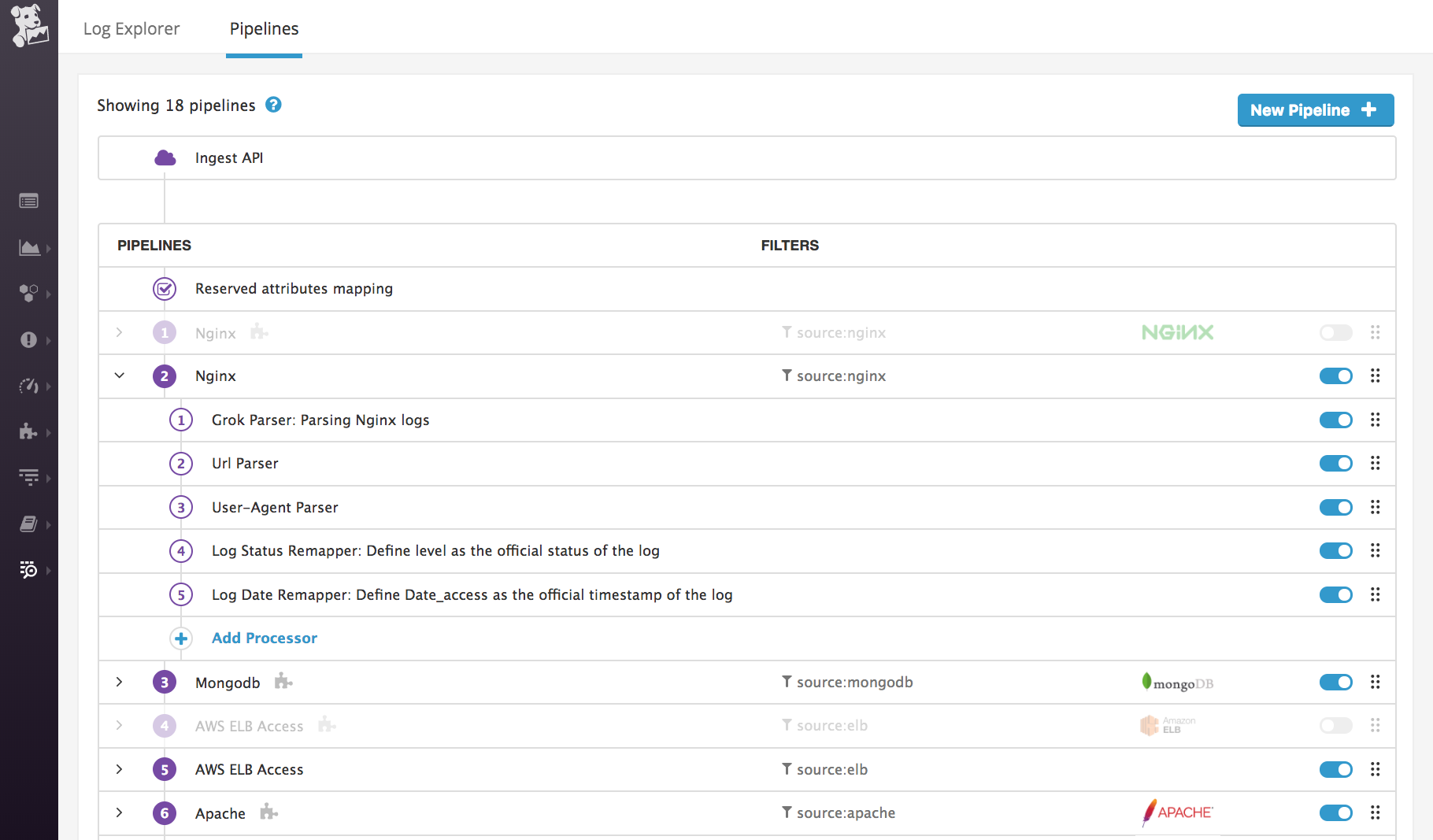 Processing pipelines in Datadog log management.