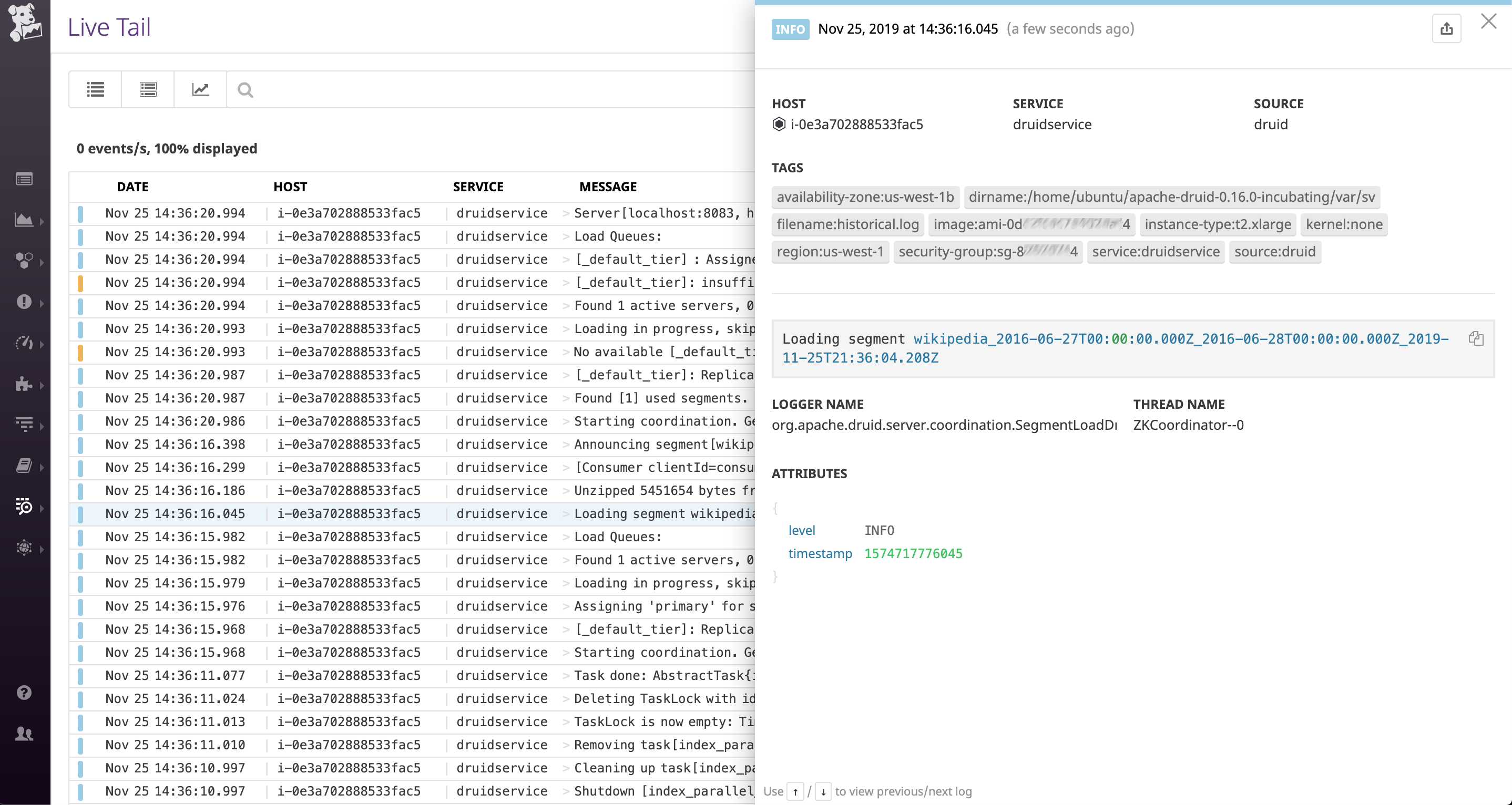 The Log Explorer lists Druid logs and shows the detail of a log created when Druid loaded a data segment.