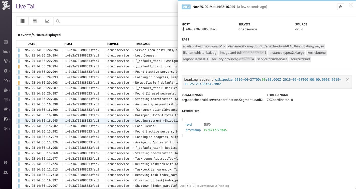 The Log Explorer lists Druid logs and shows the detail of a log created when Druid loaded a data segment. The Log Explorer lists Druid logs and shows the detail of a log created when Druid loaded a data segment.