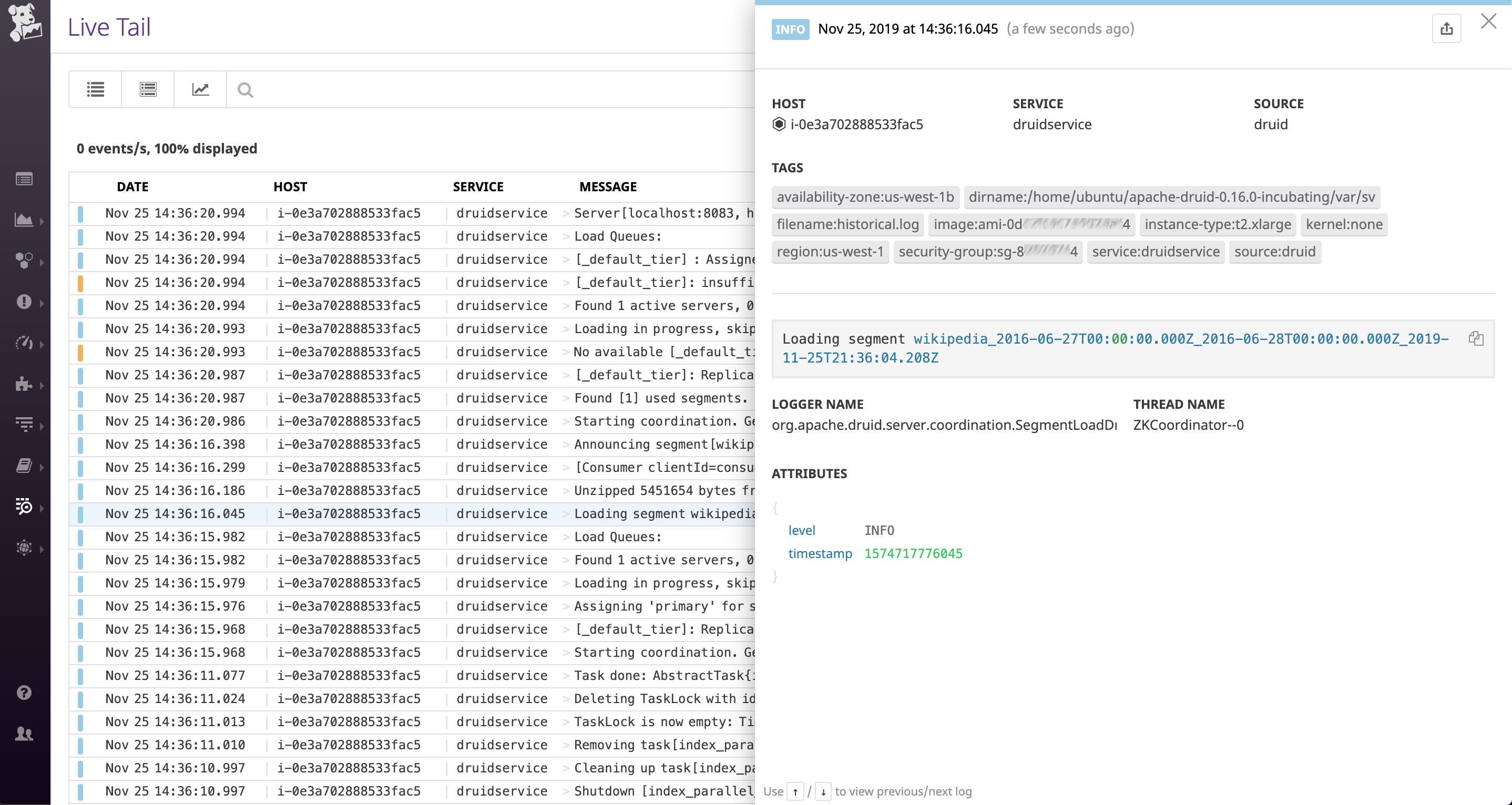 The Log Explorer lists Druid logs and shows the detail of a log created when Druid loaded a data segment. The Log Explorer lists Druid logs and shows the detail of a log created when Druid loaded a data segment.