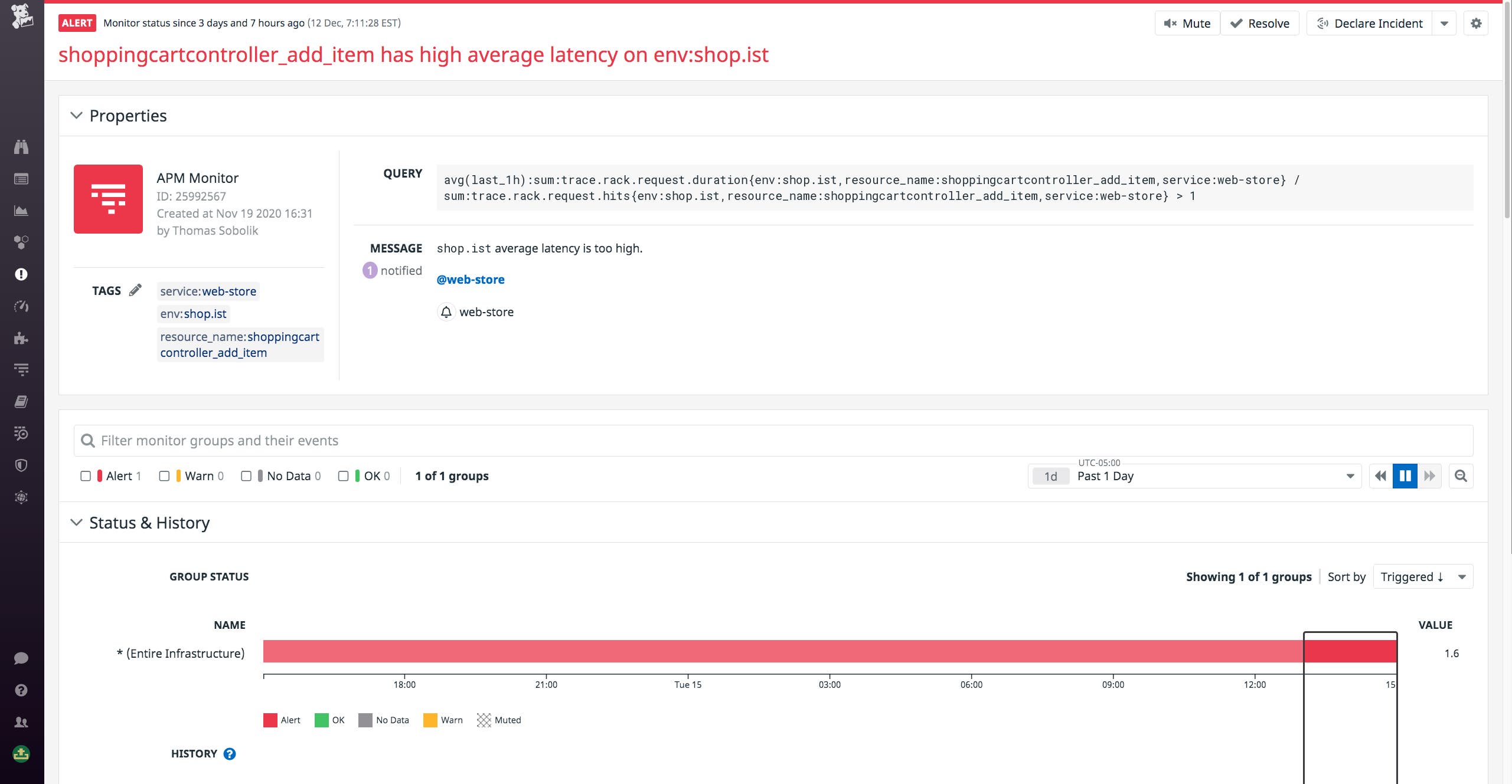 A triggered APM alert indicates high latency on an endpoint in one of our app's services. A triggered APM alert indicates high latency on an endpoint in one of our app's services.