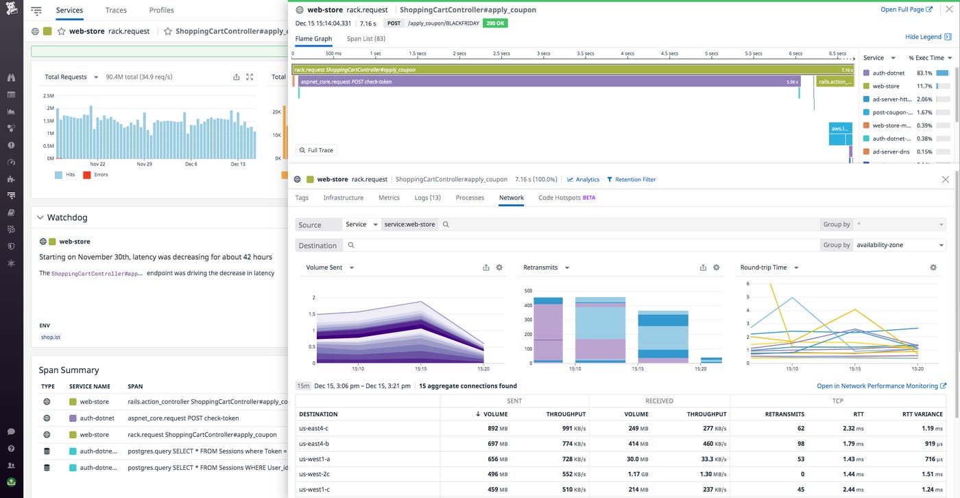 The Network tab in APM facilitates correlation of network and trace data on a single pane of glass. The Network tab in APM facilitates correlation of network and trace data on a single pane of glass.