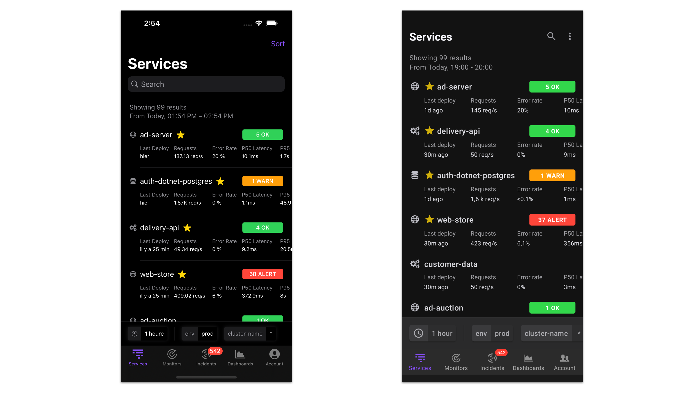 The mobile APM services list on iOS and Android devices.