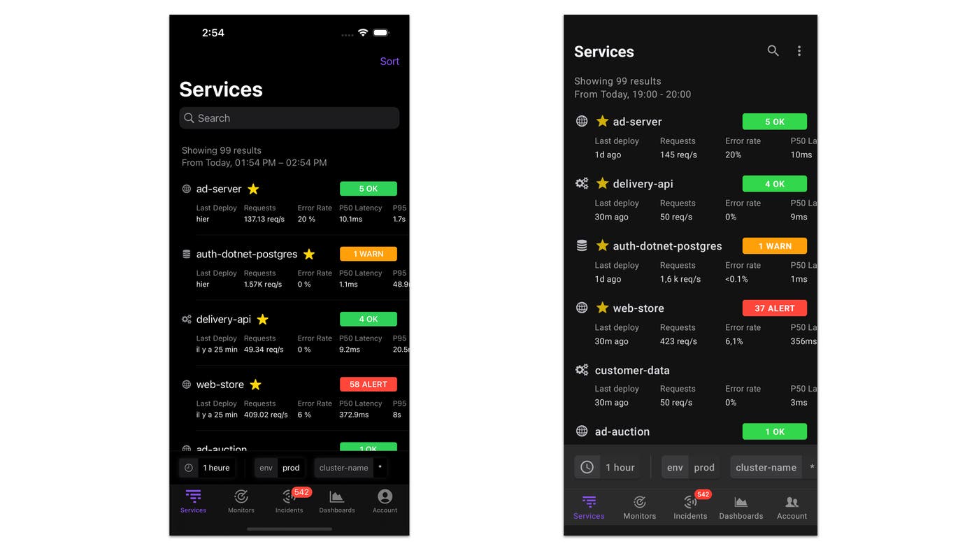 The mobile APM services list on iOS and Android devices. The mobile APM services list on iOS and Android devices.