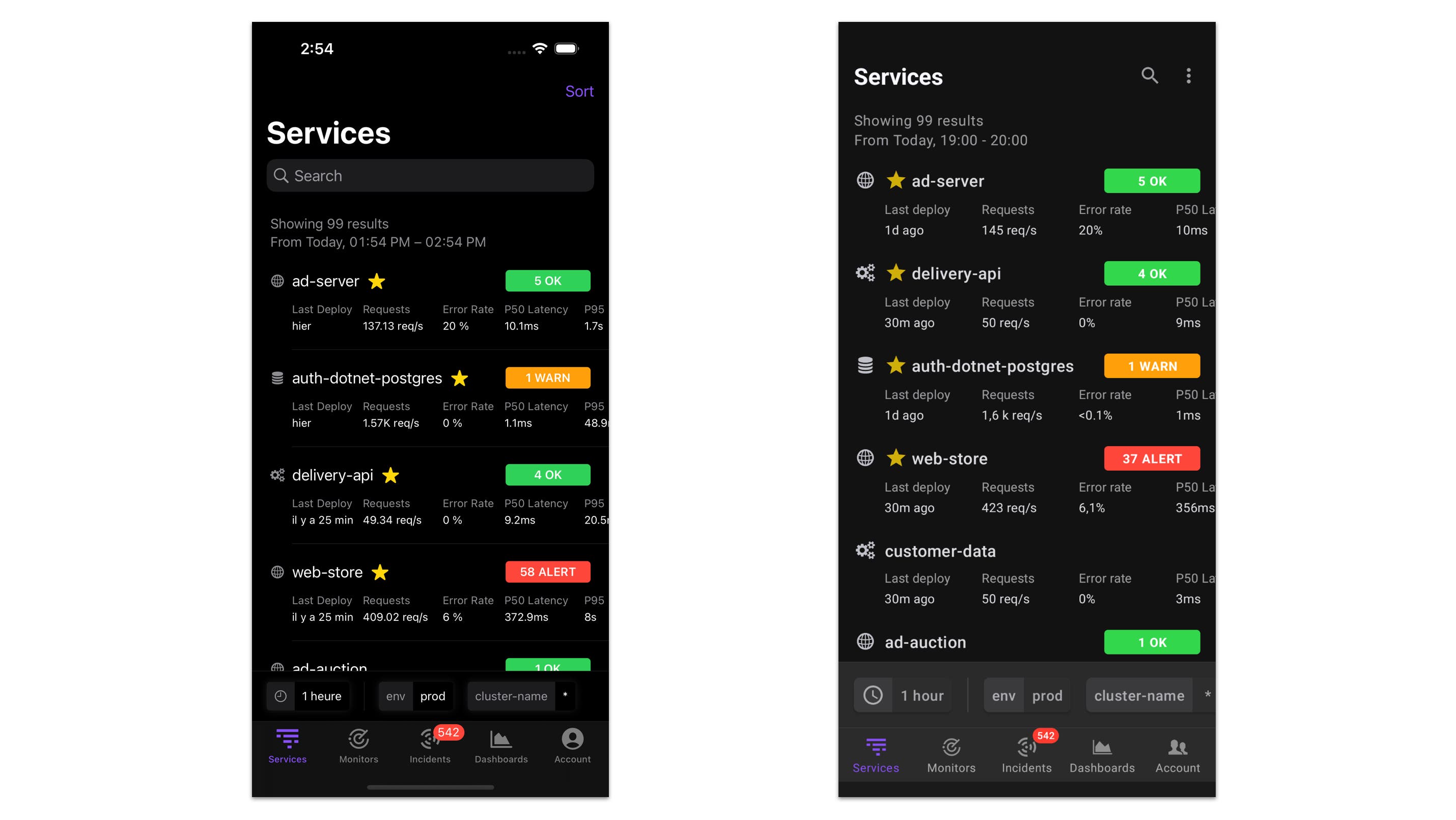 The mobile APM services list on iOS and Android devices. The mobile APM services list on iOS and Android devices.