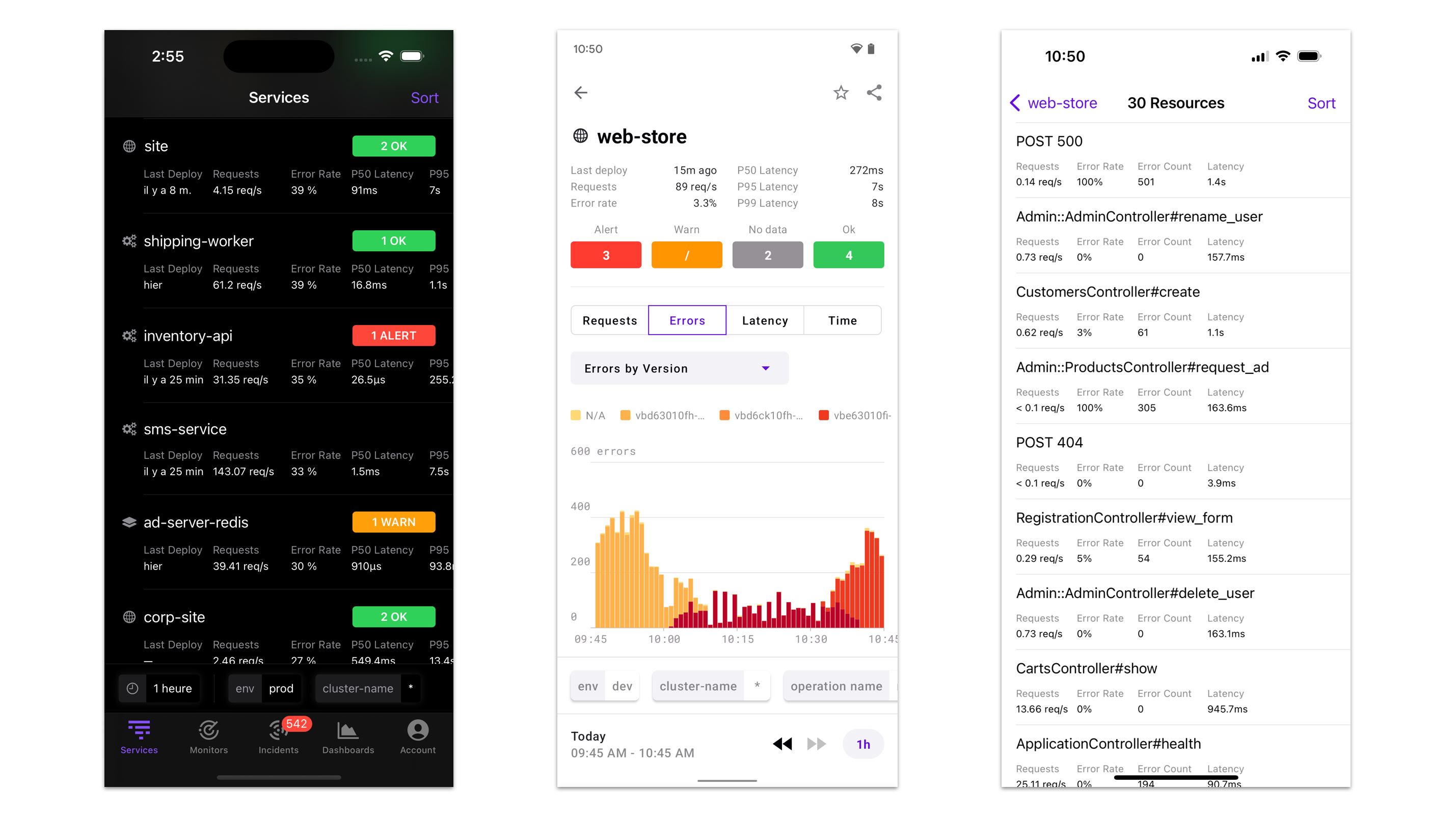The services list sorted by error rate (on an iOS device), the detail page for a service (on an Android device), and the resources list for a service (on an iOS device).