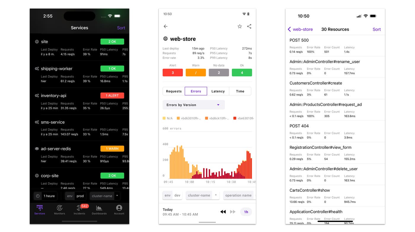 The services list sorted by error rate (on an iOS device), the detail page for a service (on an Android device), and the resources list for a service (on an iOS device). The services list sorted by error rate (on an iOS device), the detail page for a service (on an Android device), and the resources list for a service (on an iOS device).