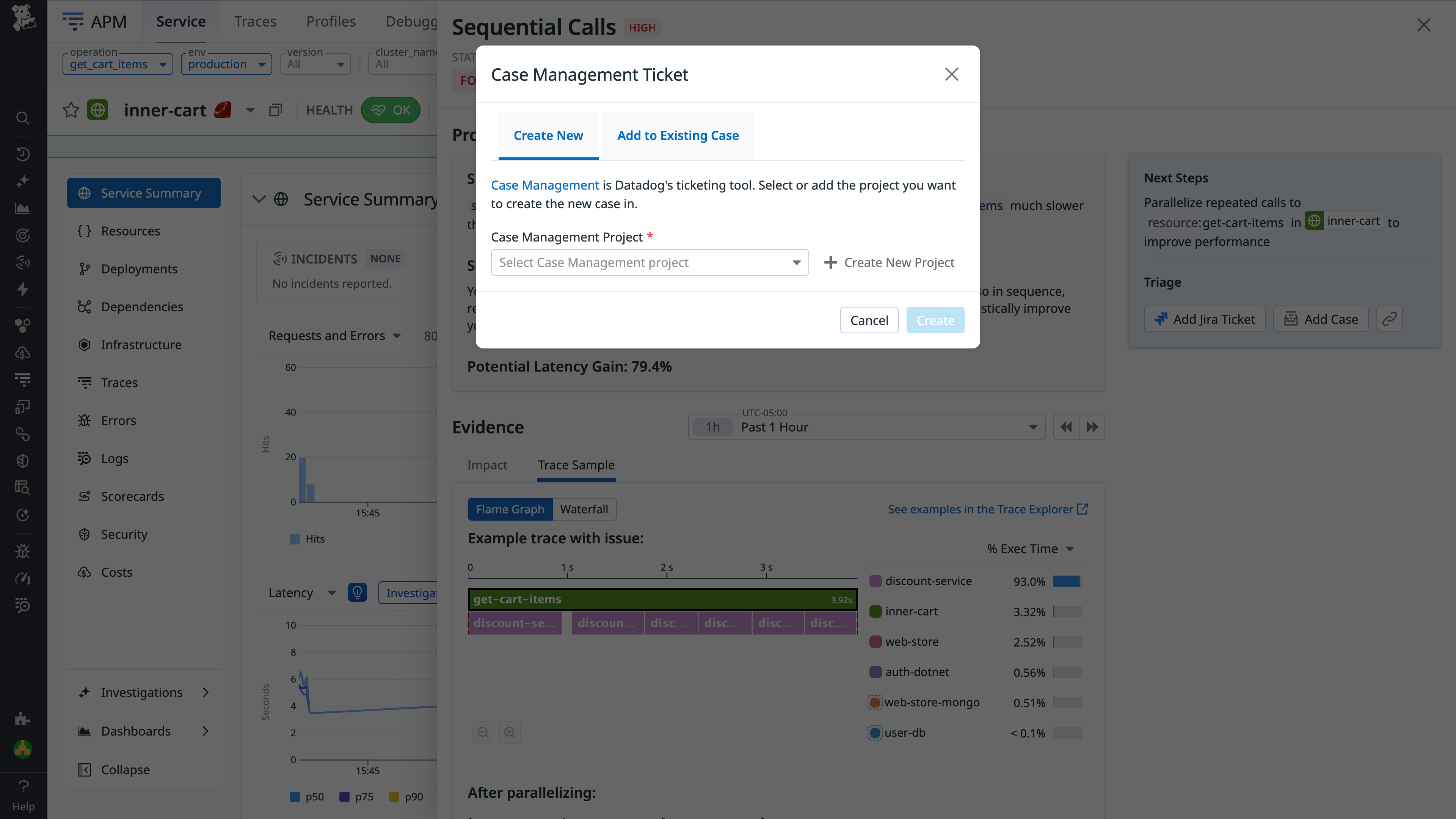 Functionality to create a new ticket in Datadog Case Management for the issue detected by APM Recommendations.