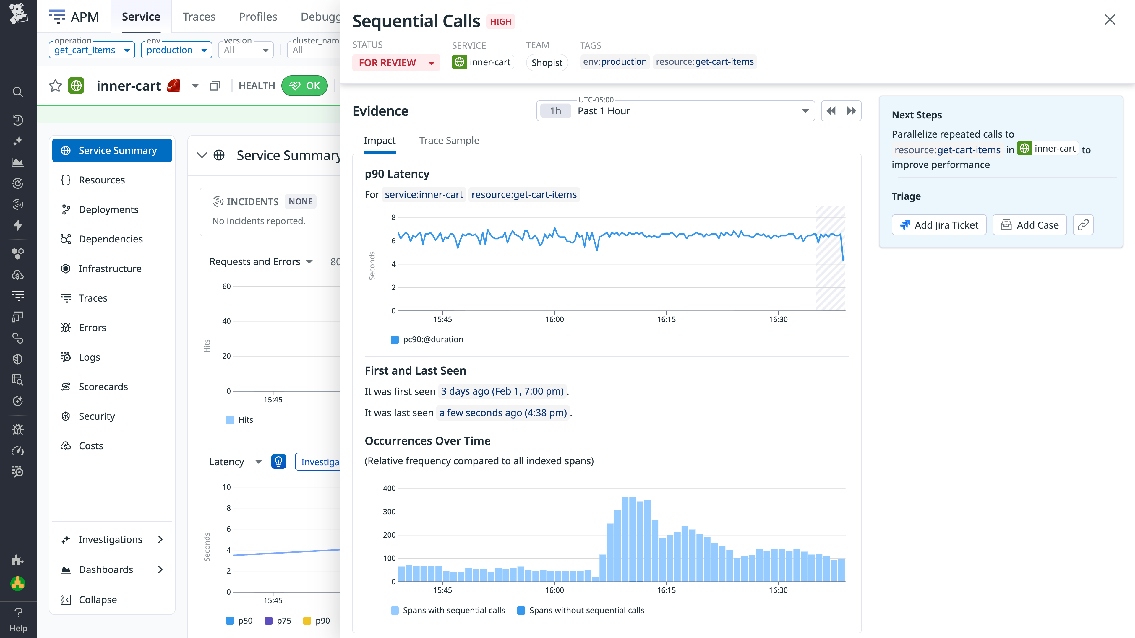 Impact tab that shows graphs for latency and occurrences of the detected sequential API calls for the `inner-cart` service.