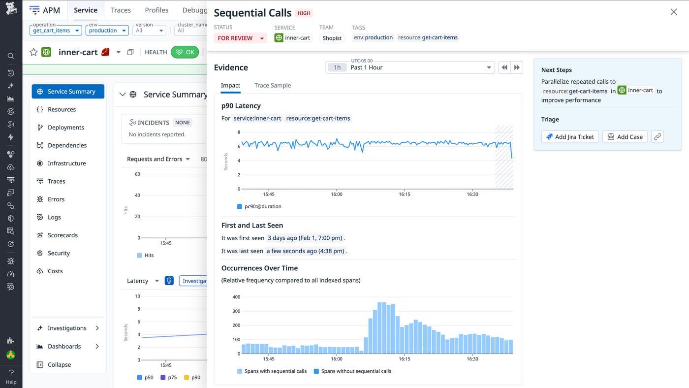 Impact tab that shows graphs for latency and occurrences of the detected sequential API calls for the `inner-cart` service. Impact tab that shows graphs for latency and occurrences of the detected sequential API calls for the `inner-cart` service.