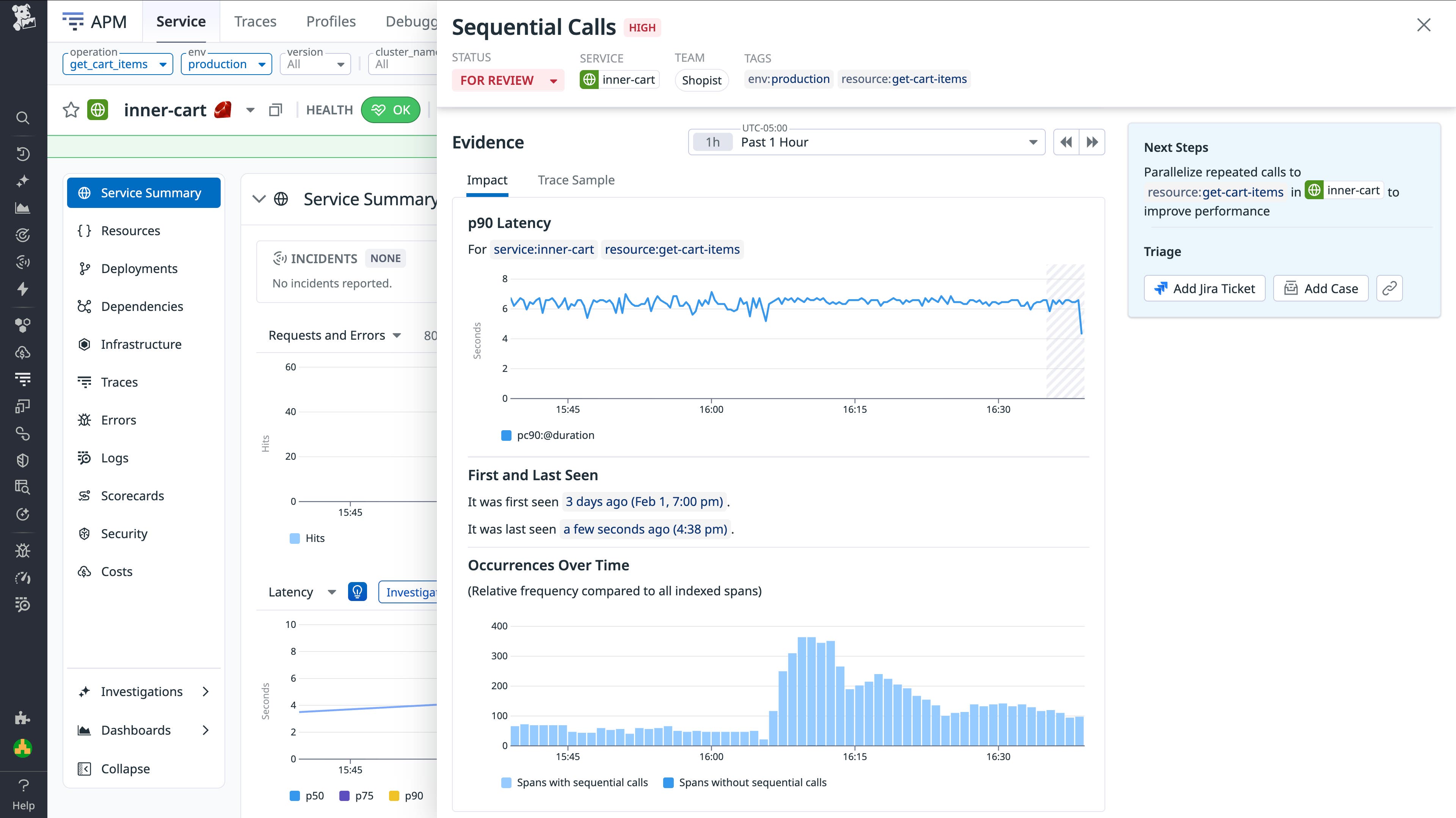 Impact tab that shows graphs for latency and occurrences of the detected sequential API calls for the `inner-cart` service. Impact tab that shows graphs for latency and occurrences of the detected sequential API calls for the `inner-cart` service.