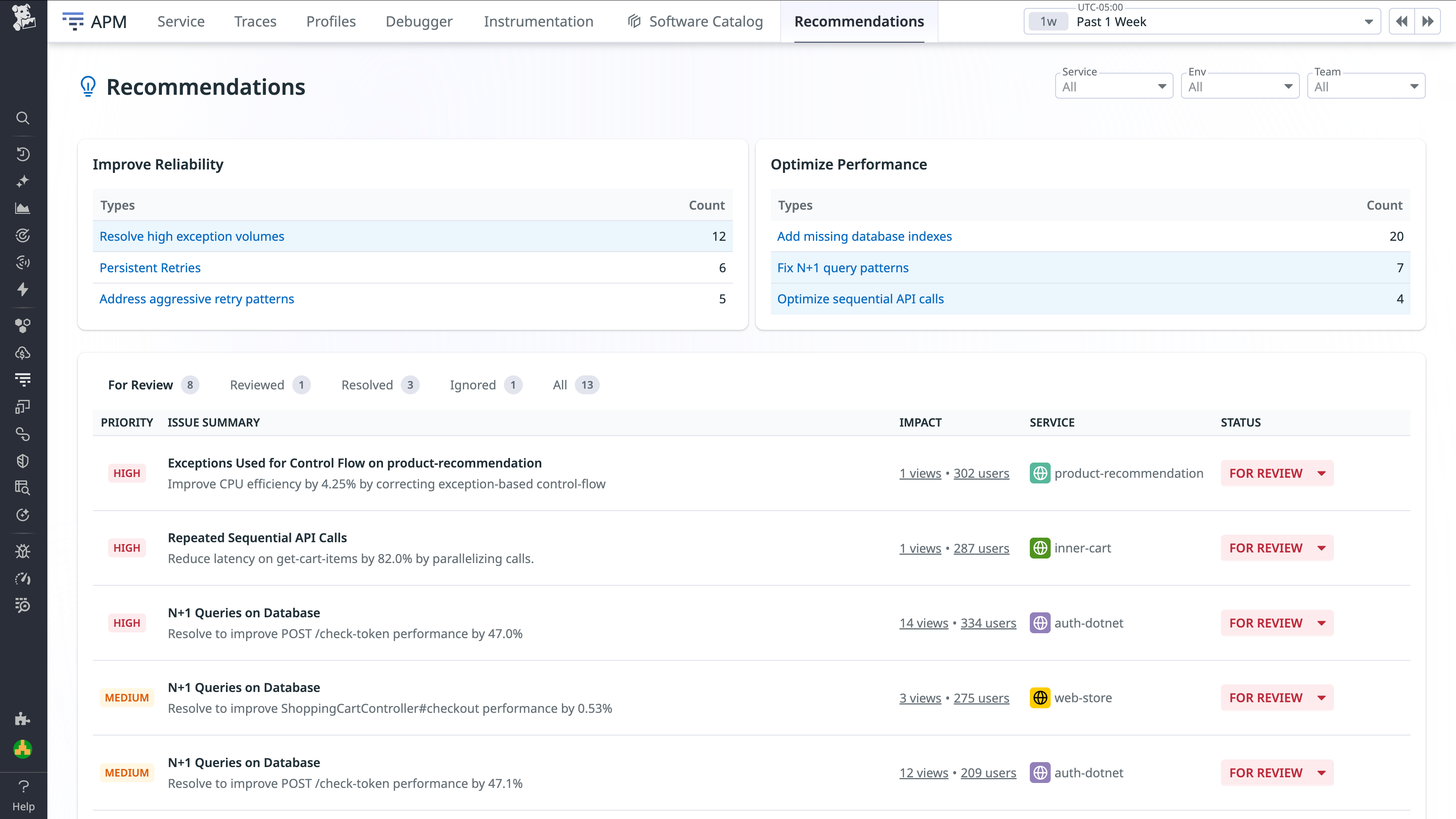 The APM Recommendations Overview page, which shows a list of issues along with their priority, impact, affected service, and status.