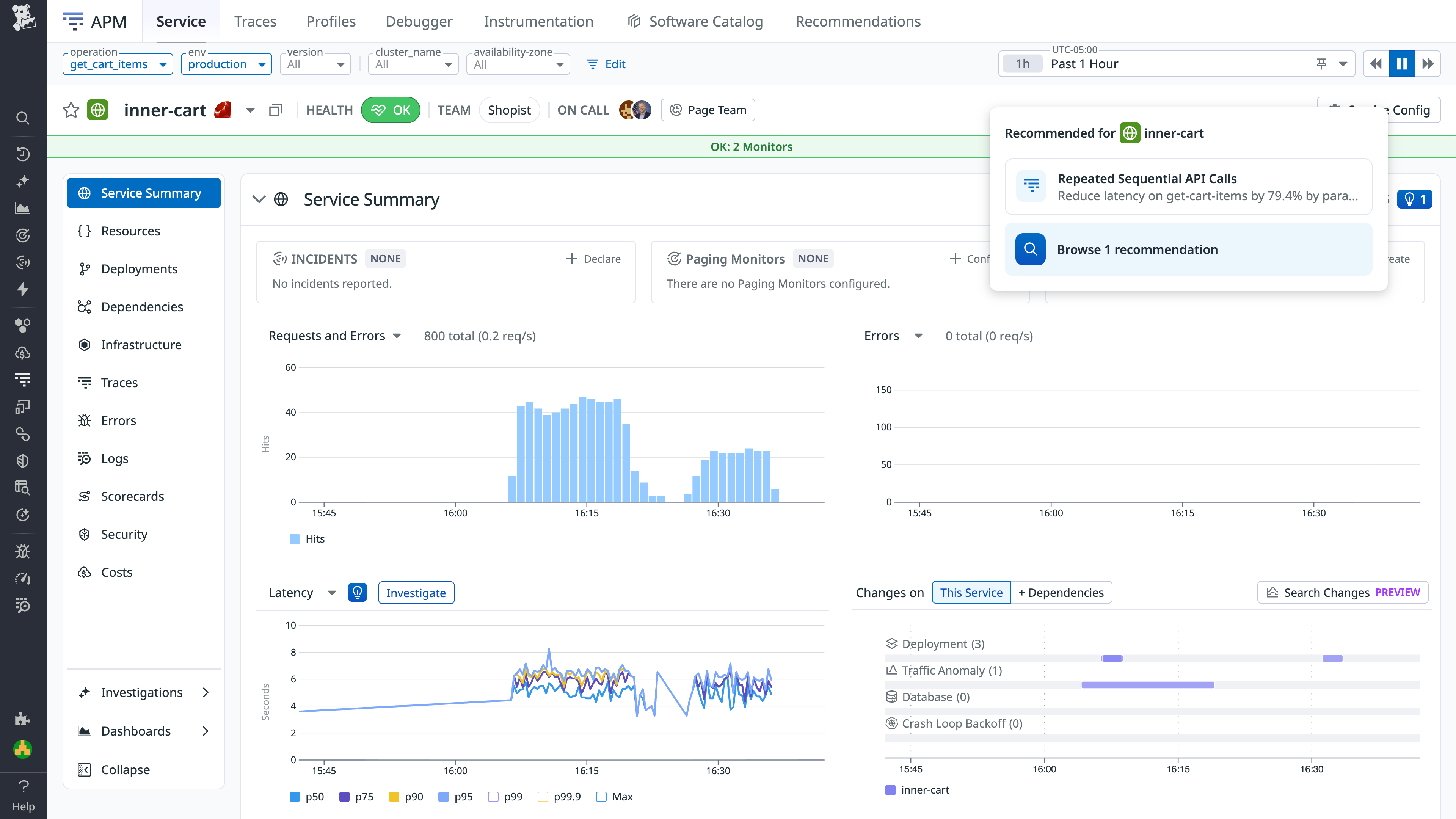 Service page showing a high-priority APM recommendation surfaced for a production service.