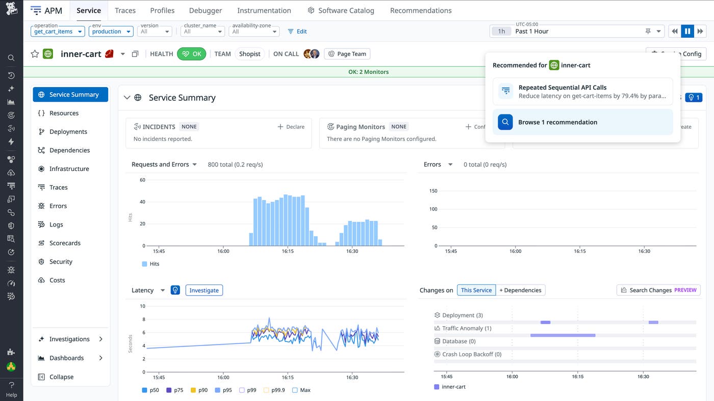 Service page showing a high-priority APM recommendation surfaced for a production service. Service page showing a high-priority APM recommendation surfaced for a production service.