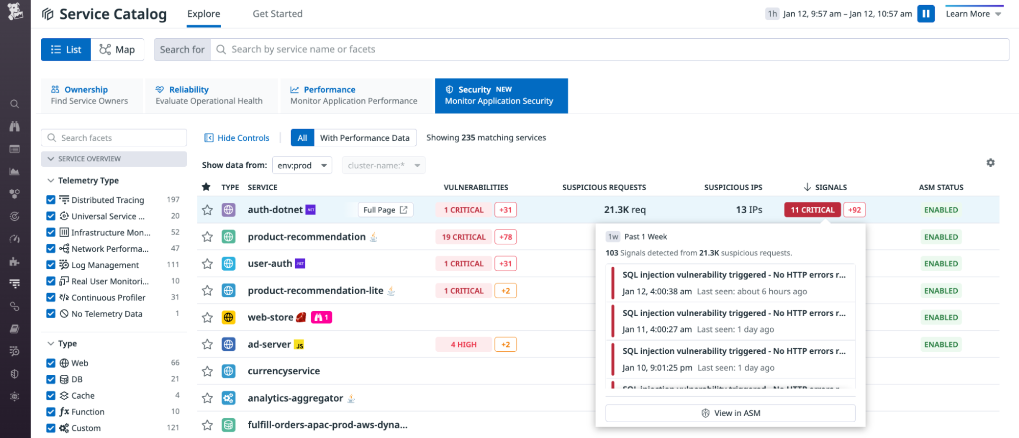A screenshot shows a list of services in the APM Security View, sorted by the number of security signals associated with each service.