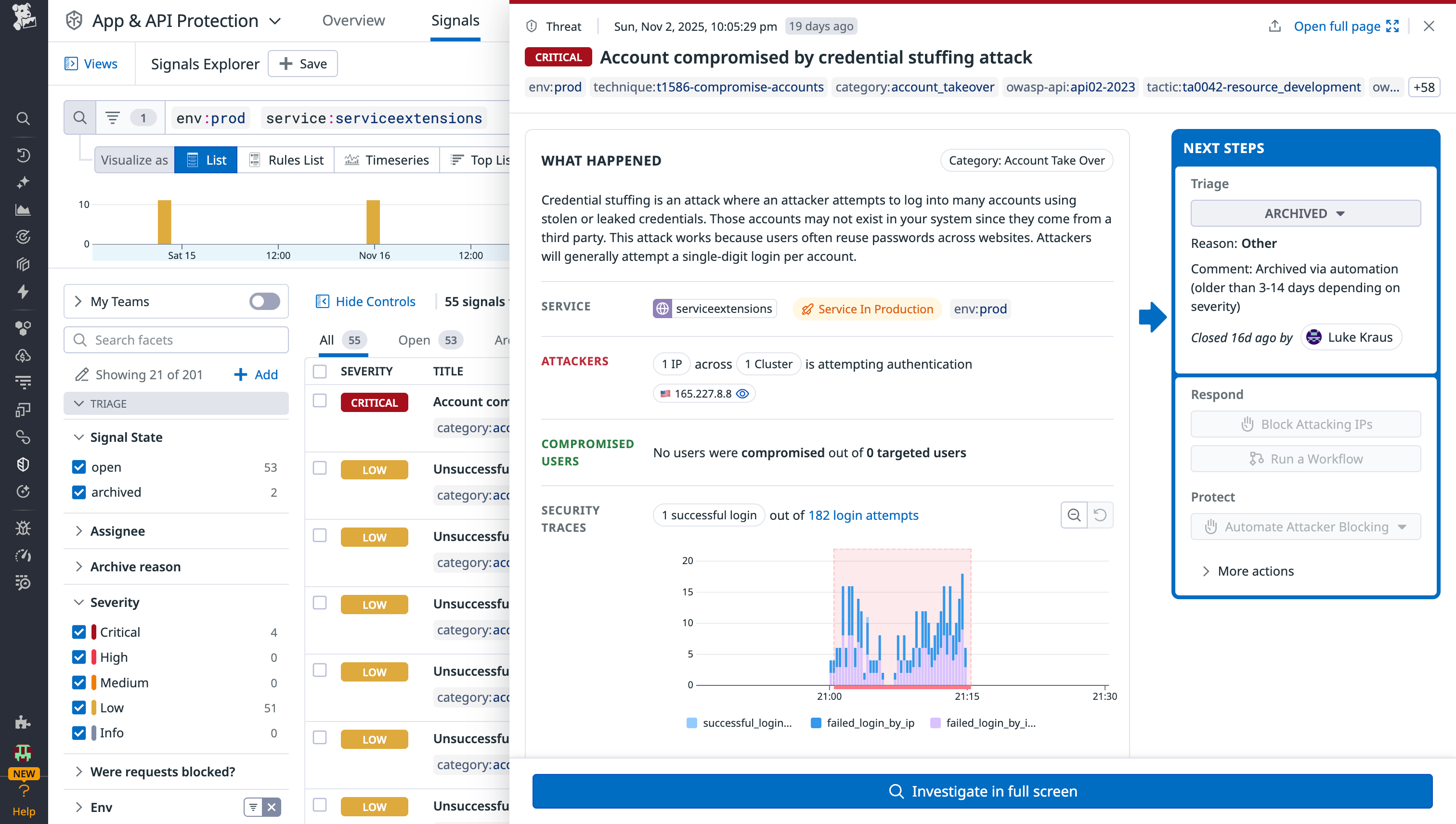 A screenshot of a detected credential stuffing attack, showing the malicious IP and cluster that it is targeting for login attempts.