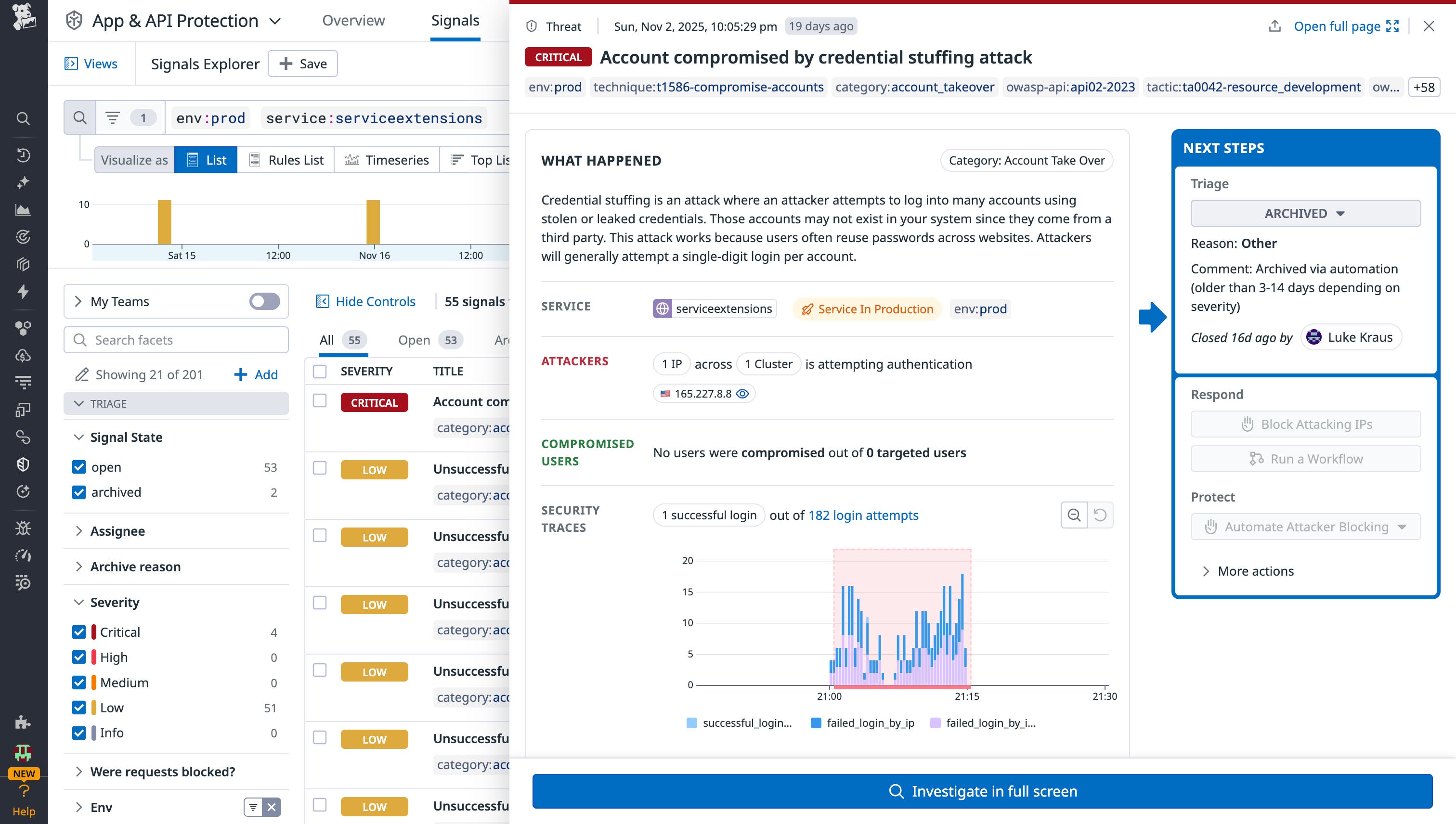 A screenshot of a detected credential stuffing attack, showing the malicious IP and cluster that it is targeting for login attempts. A screenshot of a detected credential stuffing attack, showing the malicious IP and cluster that it is targeting for login attempts.