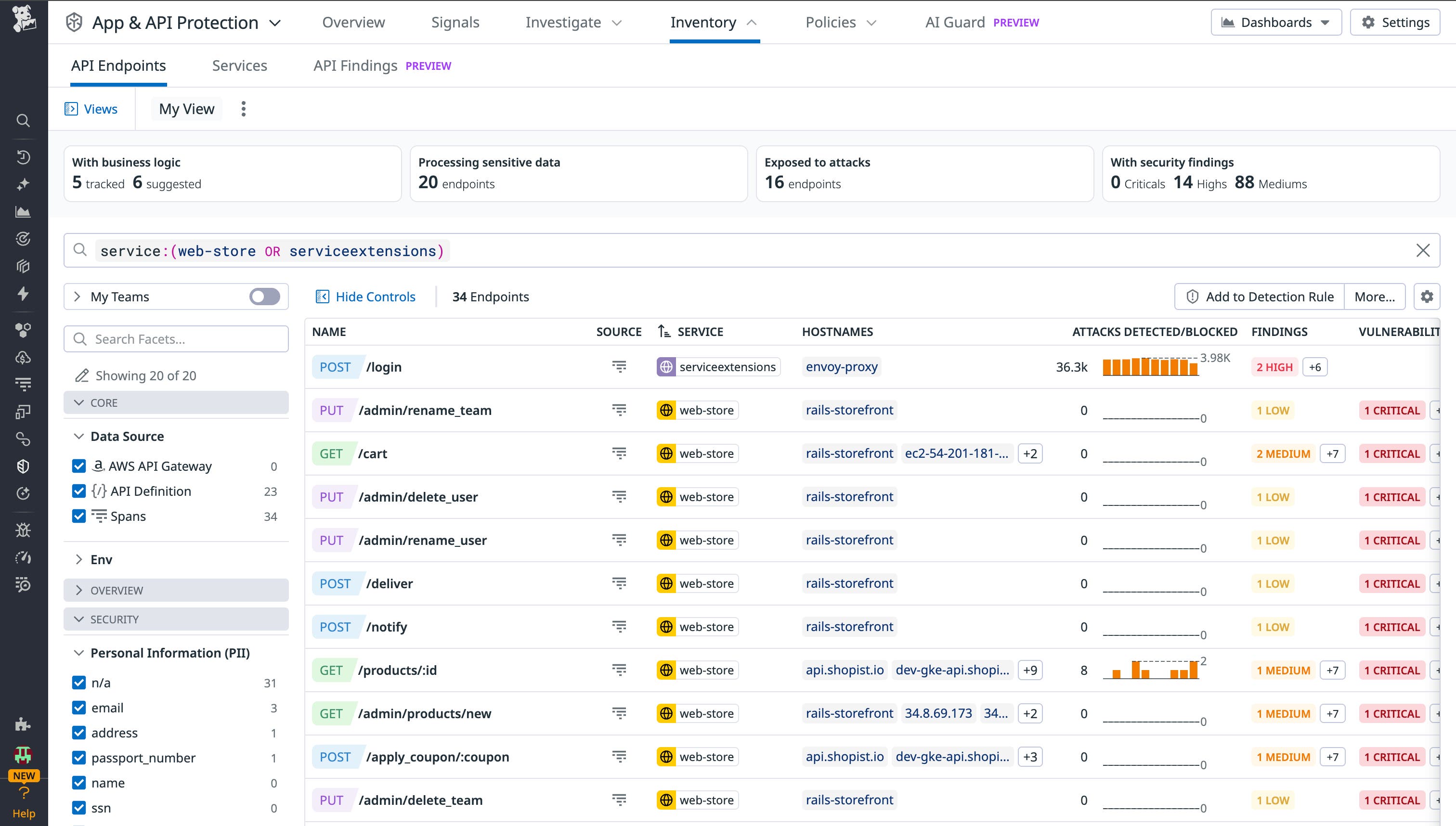 A screenshot of the inventory of all endpoints observed in production traffic. A screenshot of the inventory of all endpoints observed in production traffic.