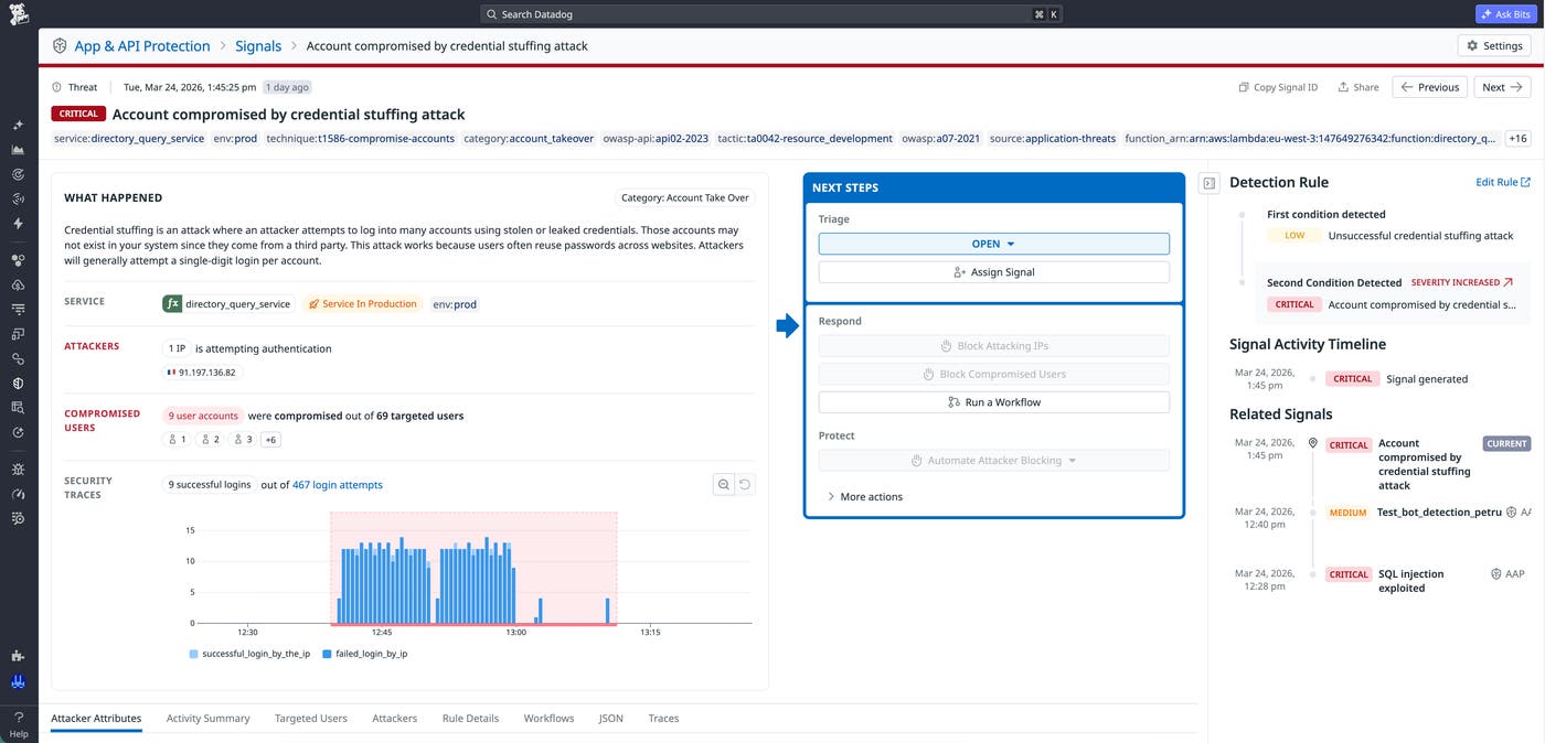 Security signal highlighting a credential stuffing attack with attacker metadata and affected users. Security signal highlighting a credential stuffing attack with attacker metadata and affected users.