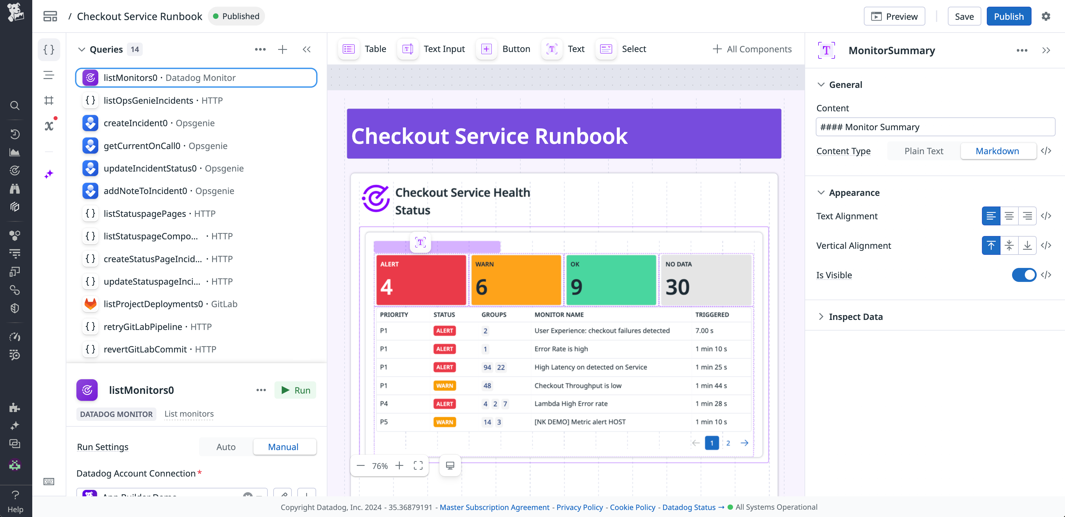 The Checkout Service Runbook app in the App Builder app editor.