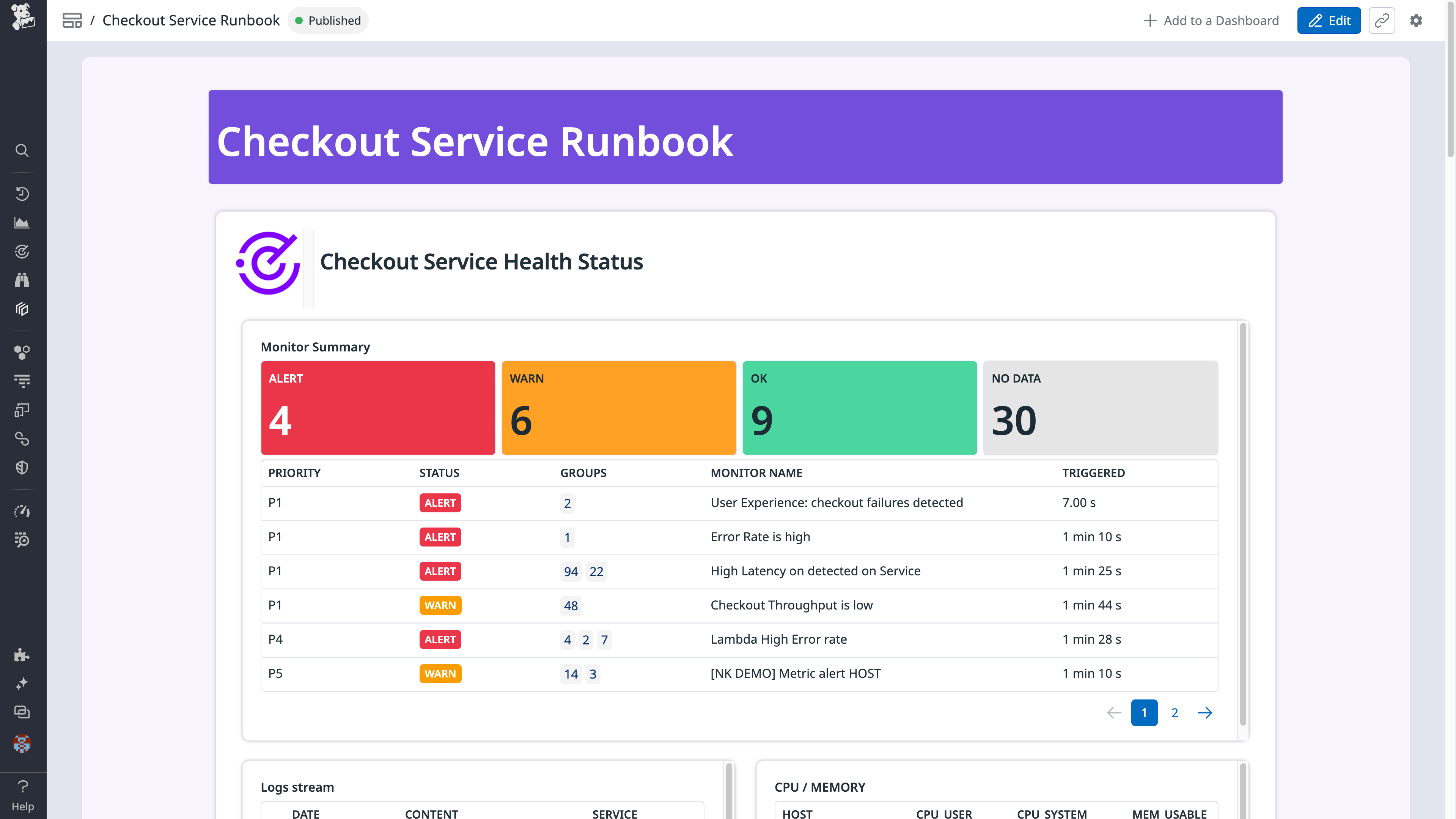The first section of the runbook app showing the checkout service health status.
