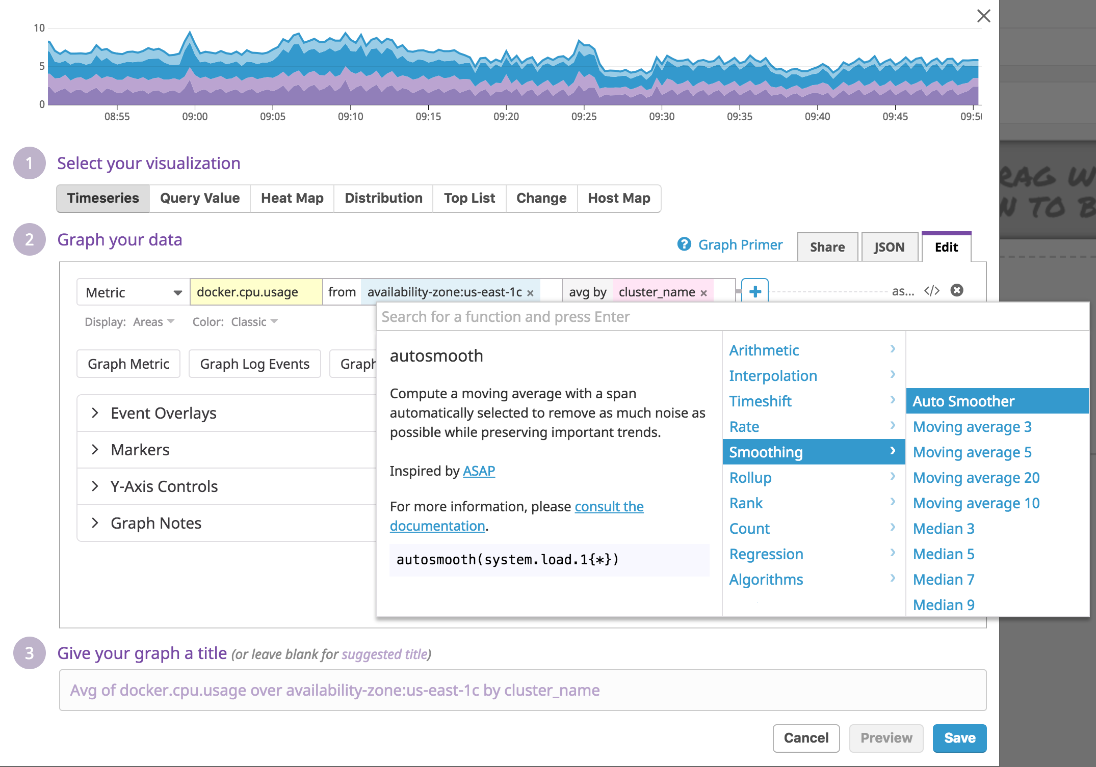 Adding Auto Smoother to a timeseries graph in the Datadog UI.