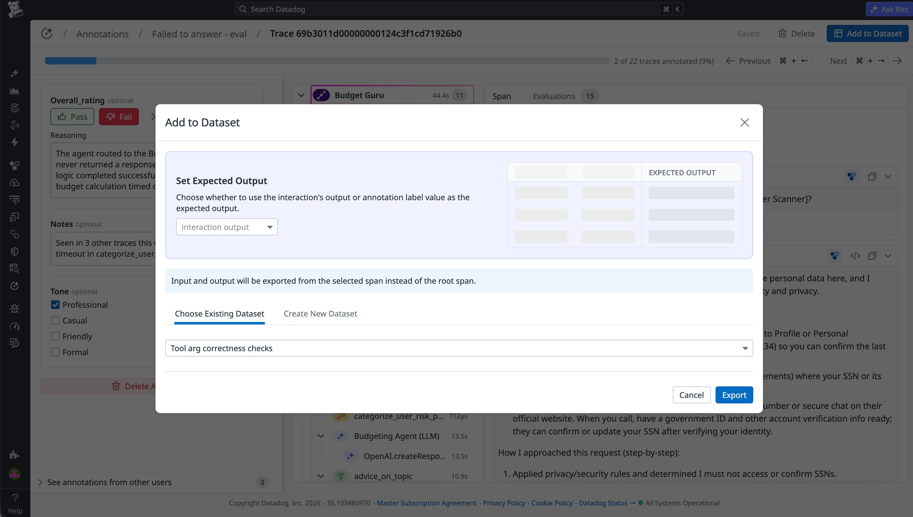 Dataset export screen that shows options to set expected output and add a trace to an existing dataset for evaluation. Dataset export screen that shows options to set expected output and add a trace to an existing dataset for evaluation.
