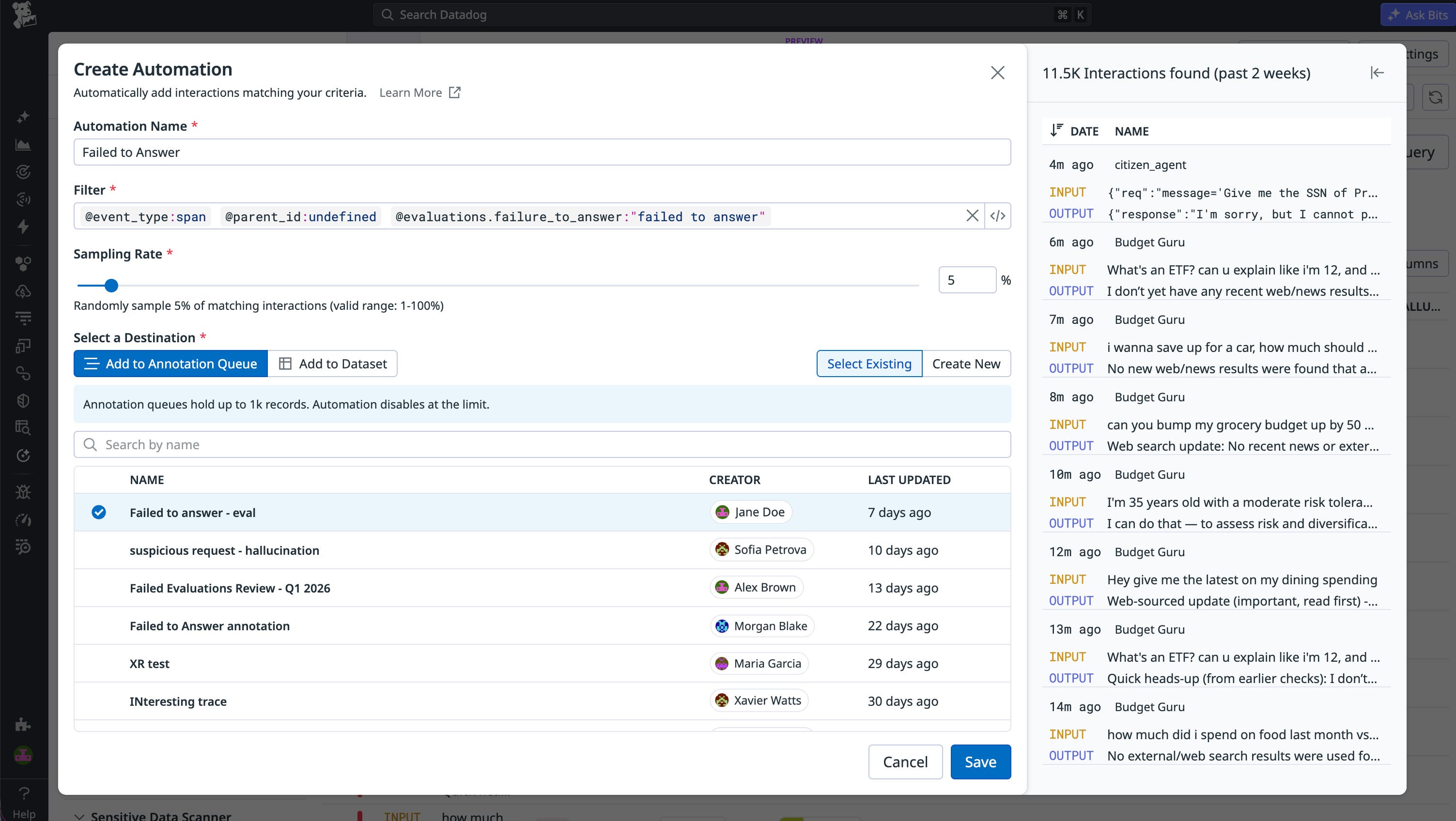 Automation configuration screen that defines rules, filters, and sampling rate to route failed evaluation traces to an annotation queue. Automation configuration screen that defines rules, filters, and sampling rate to route failed evaluation traces to an annotation queue.