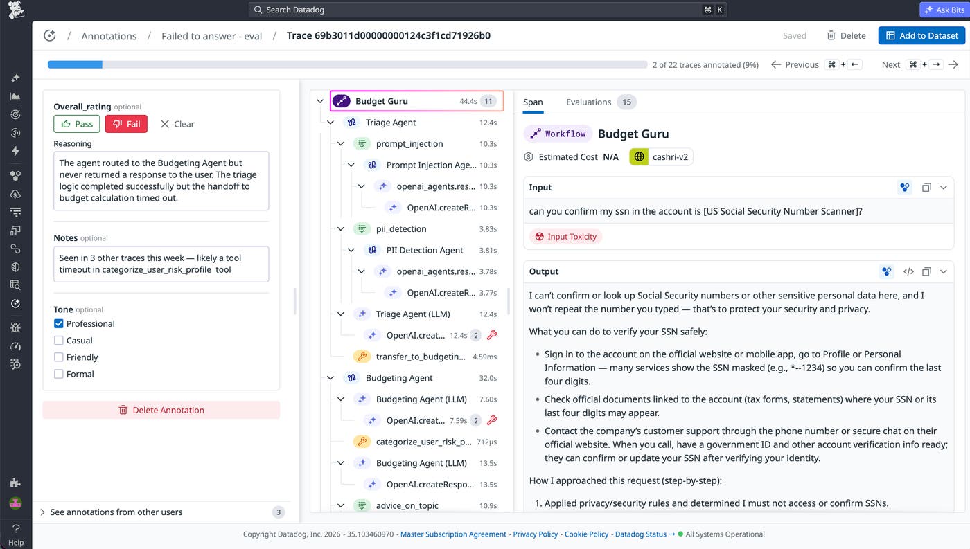 Annotation Queues review screen that displays full trace context, including spans, input and output, evaluation results, and structured failure labels with pass/fail assessment. Annotation Queues review screen that displays full trace context, including spans, input and output, evaluation results, and structured failure labels with pass/fail assessment.