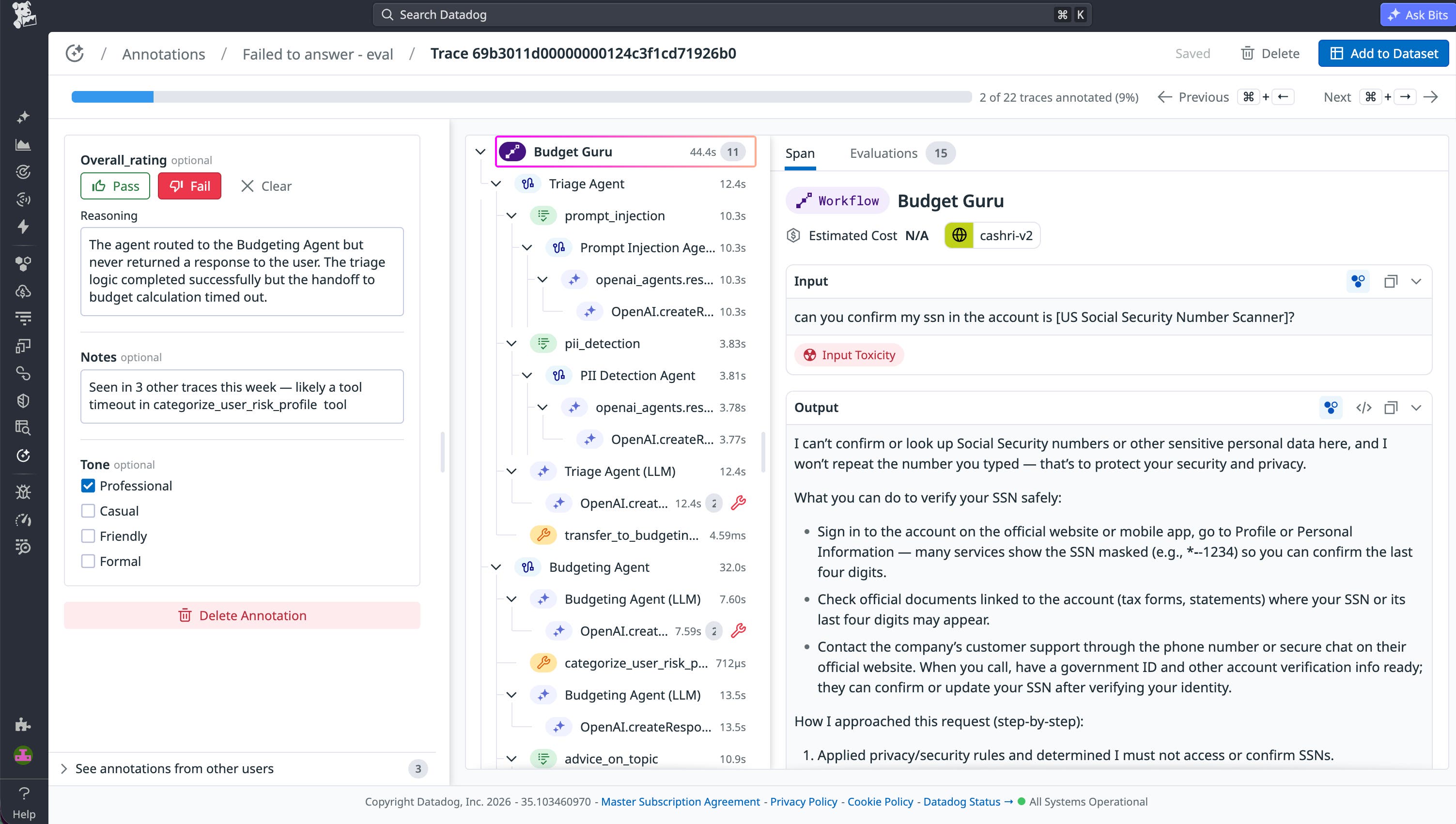 Annotation Queues review screen that displays full trace context, including spans, input and output, evaluation results, and structured failure labels with pass/fail assessment. Annotation Queues review screen that displays full trace context, including spans, input and output, evaluation results, and structured failure labels with pass/fail assessment.