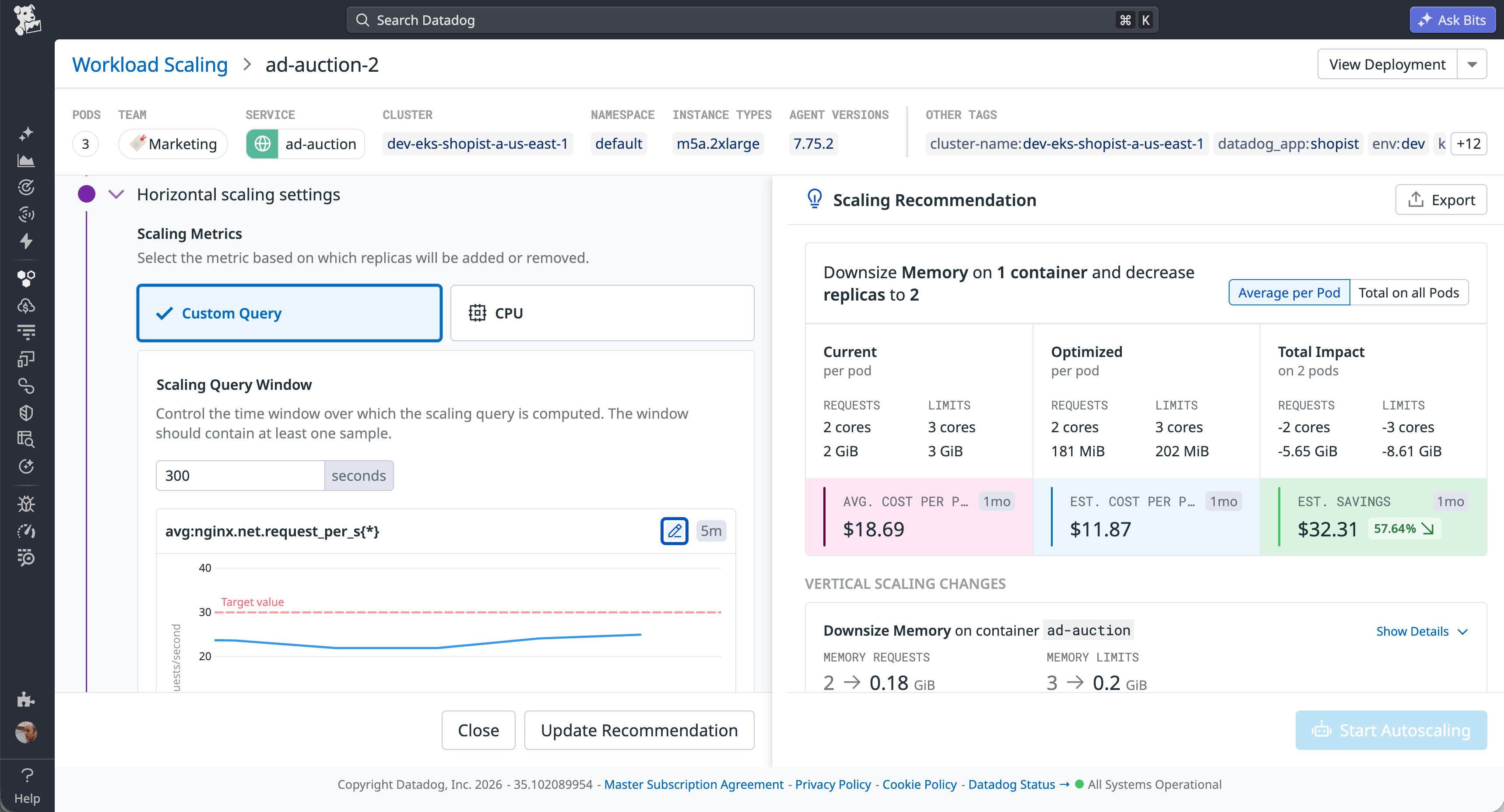 DKA UI showing custom query scaling configuration and a savings recommendation from downsizing container memory.