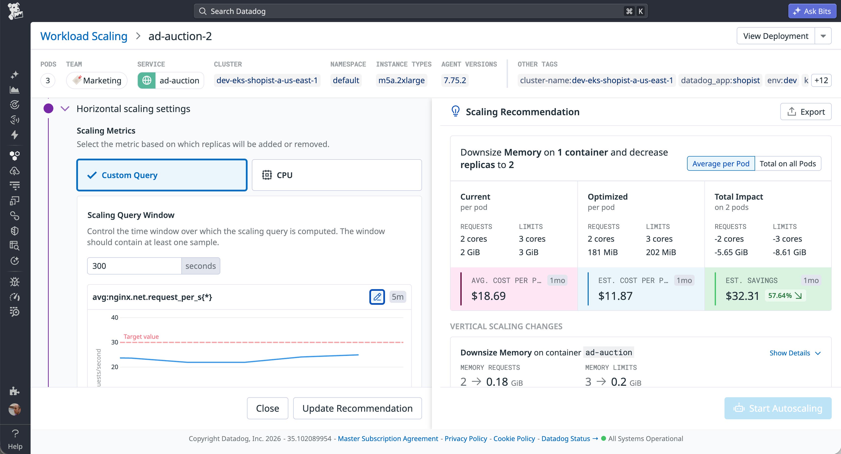 DKA UI showing custom query scaling configuration and a savings recommendation from downsizing container memory. DKA UI showing custom query scaling configuration and a savings recommendation from downsizing container memory.