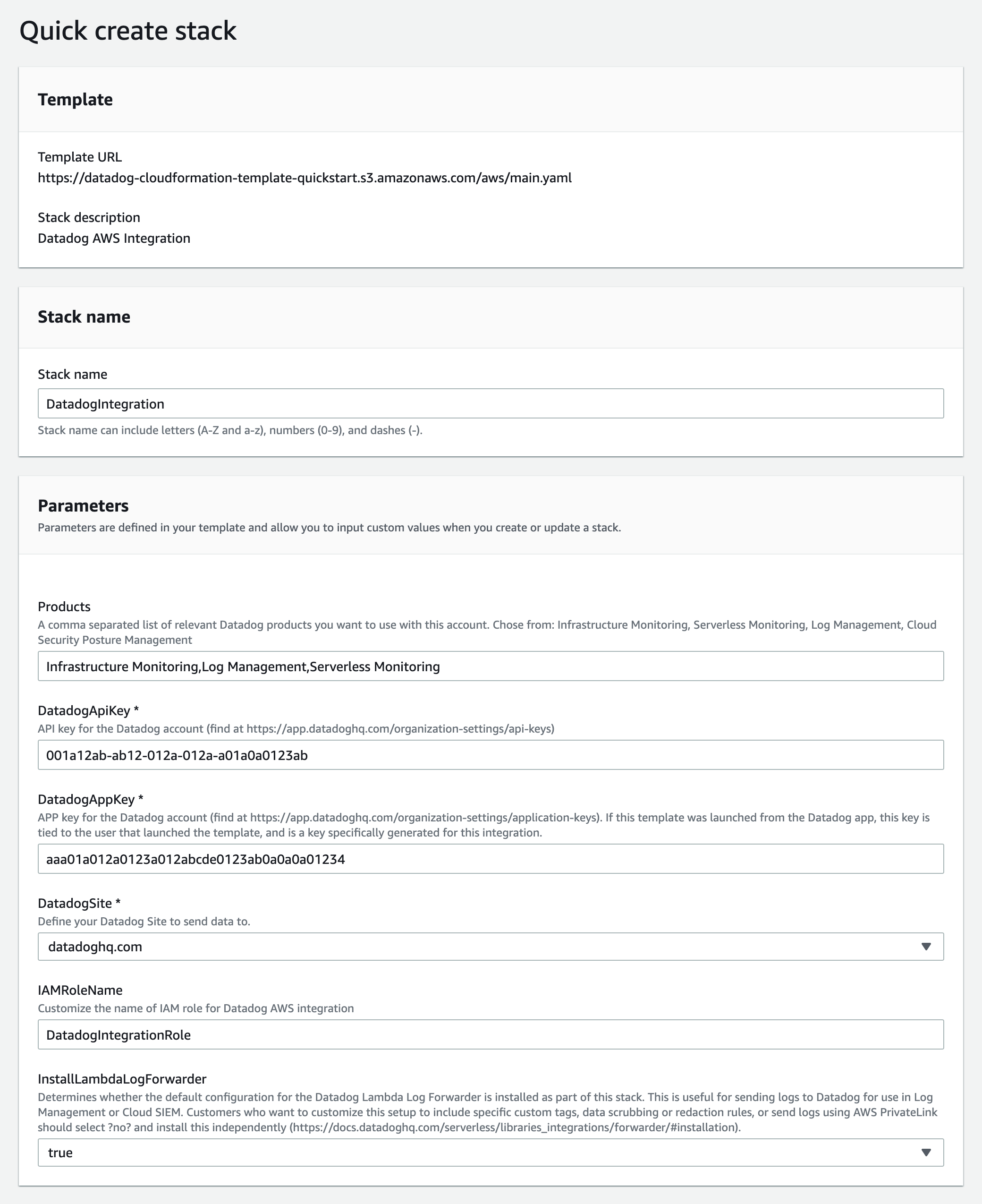 The CloudFormation Quick Create Stack form shows fields for the required, optional, and advanced parameters used to create the stack.