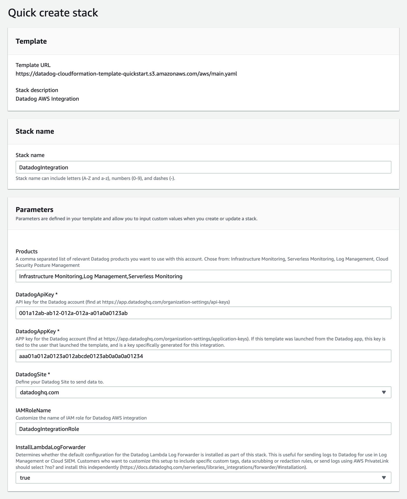The CloudFormation Quick Create Stack form shows fields for the required, optional, and advanced parameters used to create the stack. The CloudFormation Quick Create Stack form shows fields for the required, optional, and advanced parameters used to create the stack.