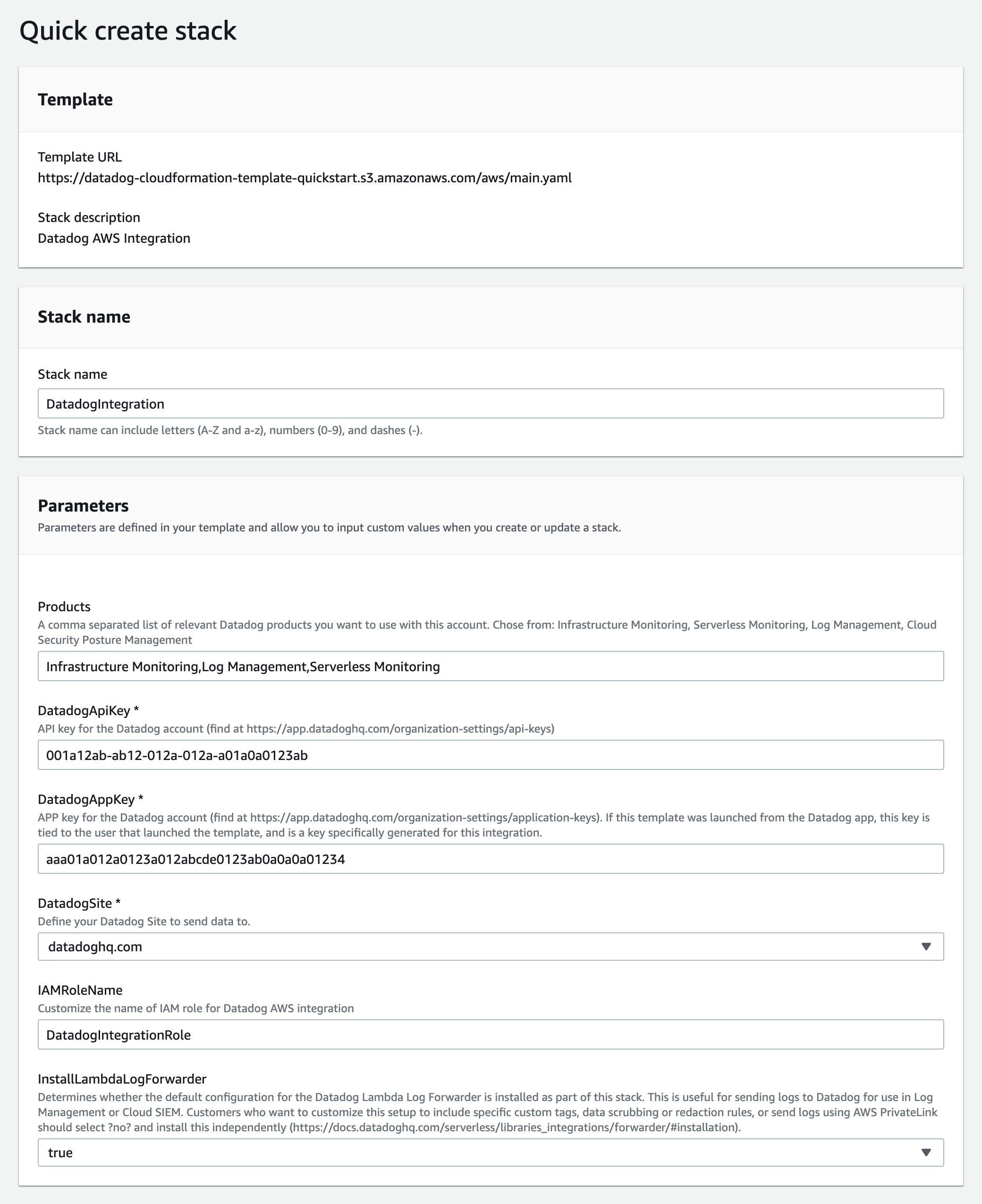 The CloudFormation Quick Create Stack form shows fields for the required, optional, and advanced parameters used to create the stack. The CloudFormation Quick Create Stack form shows fields for the required, optional, and advanced parameters used to create the stack.