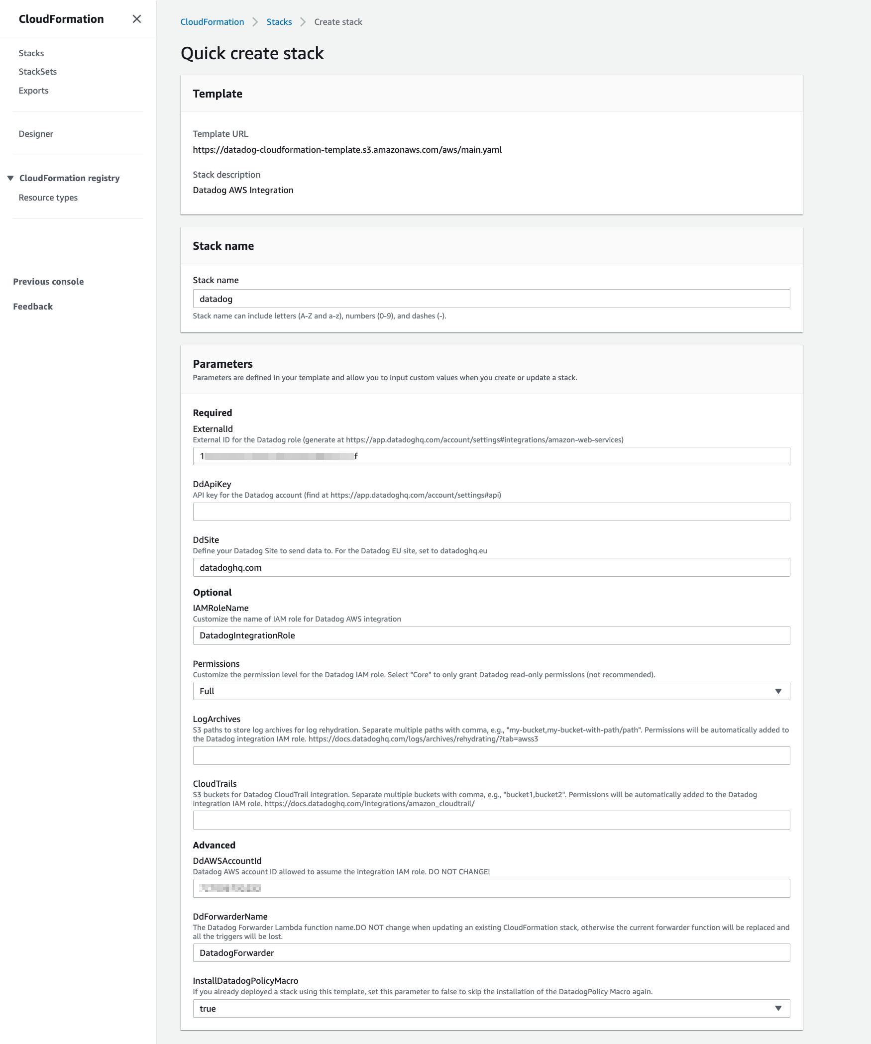 The CloudFormation Quick Create Stack form shows fields for the required, optional, and advanced parameters used to create the stack.