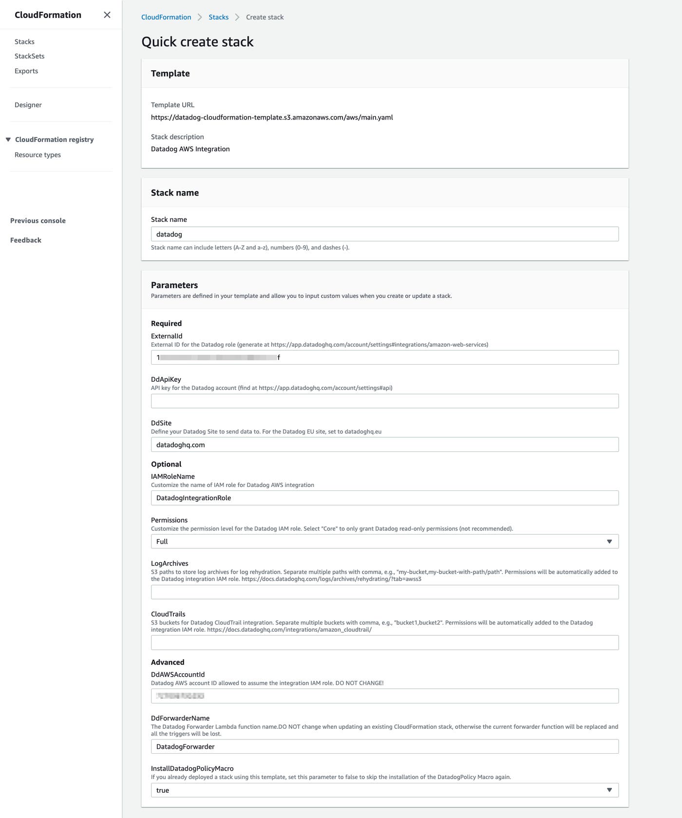 The CloudFormation Quick Create Stack form shows fields for the required, optional, and advanced parameters used to create the stack. The CloudFormation Quick Create Stack form shows fields for the required, optional, and advanced parameters used to create the stack.