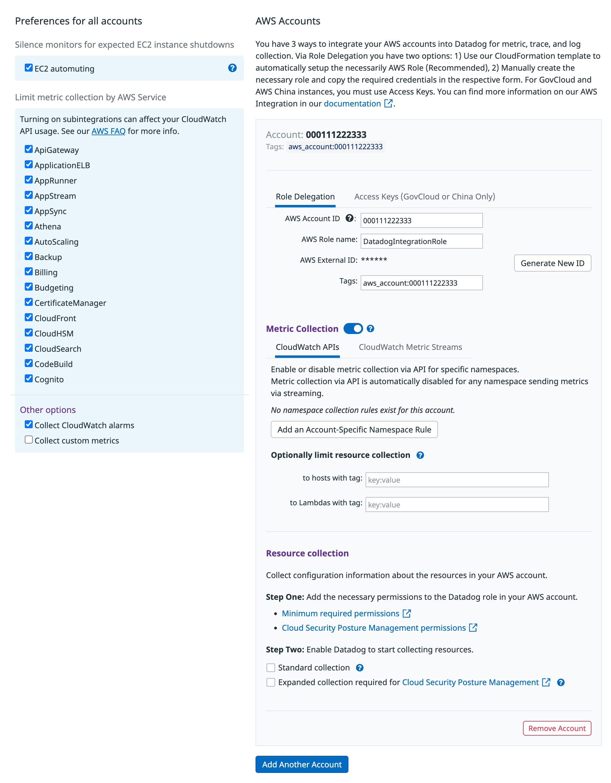 Datadog's AWS integration tile shows a list of all AWS services you can monitor, with a checkbox for each. The AWS Account ID and AWS Role fields are in the AWS accounts section of the page.