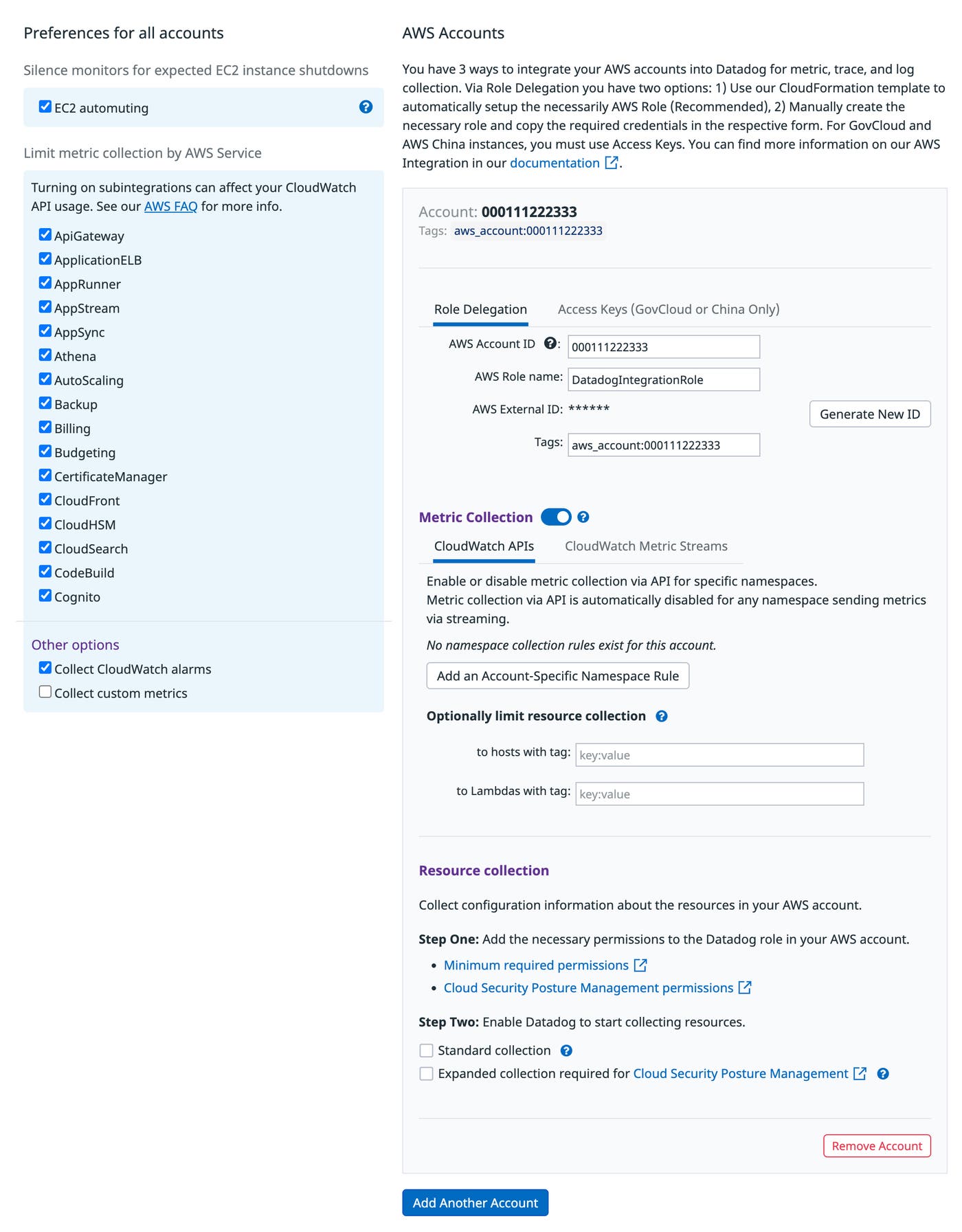 Datadog's AWS integration tile shows a list of all AWS services you can monitor, with a checkbox for each. The AWS Account ID and AWS Role fields are in the AWS accounts section of the page. Datadog's AWS integration tile shows a list of all AWS services you can monitor, with a checkbox for each. The AWS Account ID and AWS Role fields are in the AWS accounts section of the page.