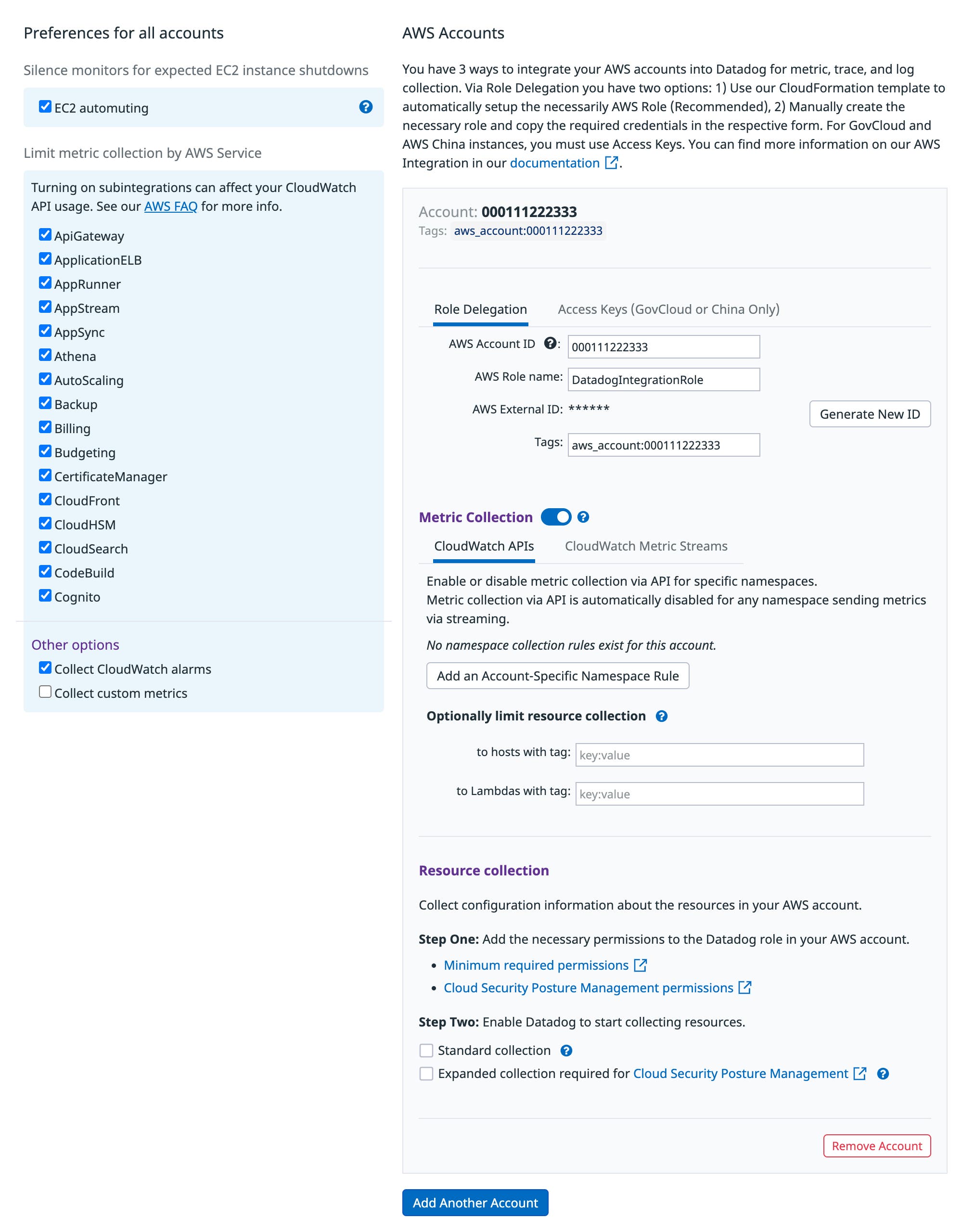 Datadog's AWS integration tile shows a list of all AWS services you can monitor, with a checkbox for each. The AWS Account ID and AWS Role fields are in the AWS accounts section of the page. Datadog's AWS integration tile shows a list of all AWS services you can monitor, with a checkbox for each. The AWS Account ID and AWS Role fields are in the AWS accounts section of the page.