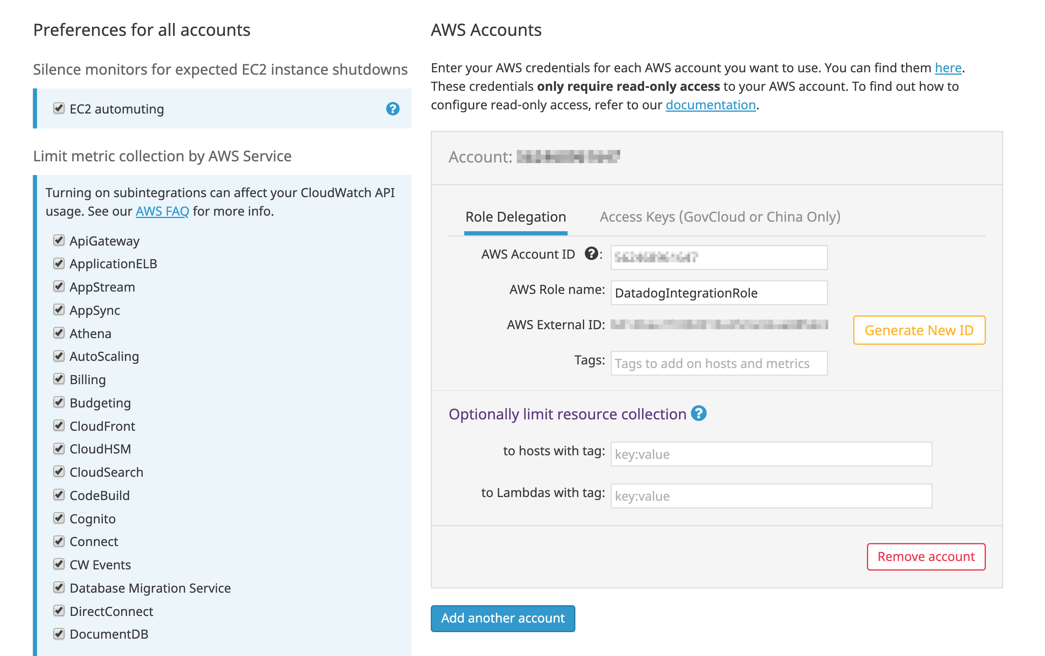 Datadog's AWS integration tile shows a list of all AWS services you can monitor, with a checkbox for each. The AWS Account ID and AWS Role fields are in the AWS accounts section of the page.