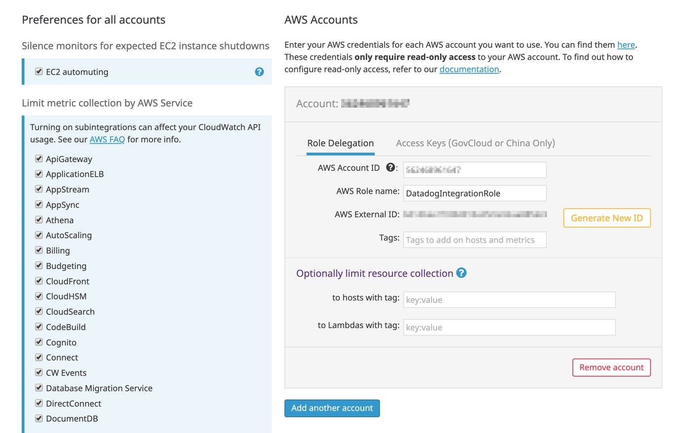 Datadog's AWS integration tile shows a list of all AWS services you can monitor, with a checkbox for each. The AWS Account ID and AWS Role fields are in the AWS accounts section of the page. Datadog's AWS integration tile shows a list of all AWS services you can monitor, with a checkbox for each. The AWS Account ID and AWS Role fields are in the AWS accounts section of the page.